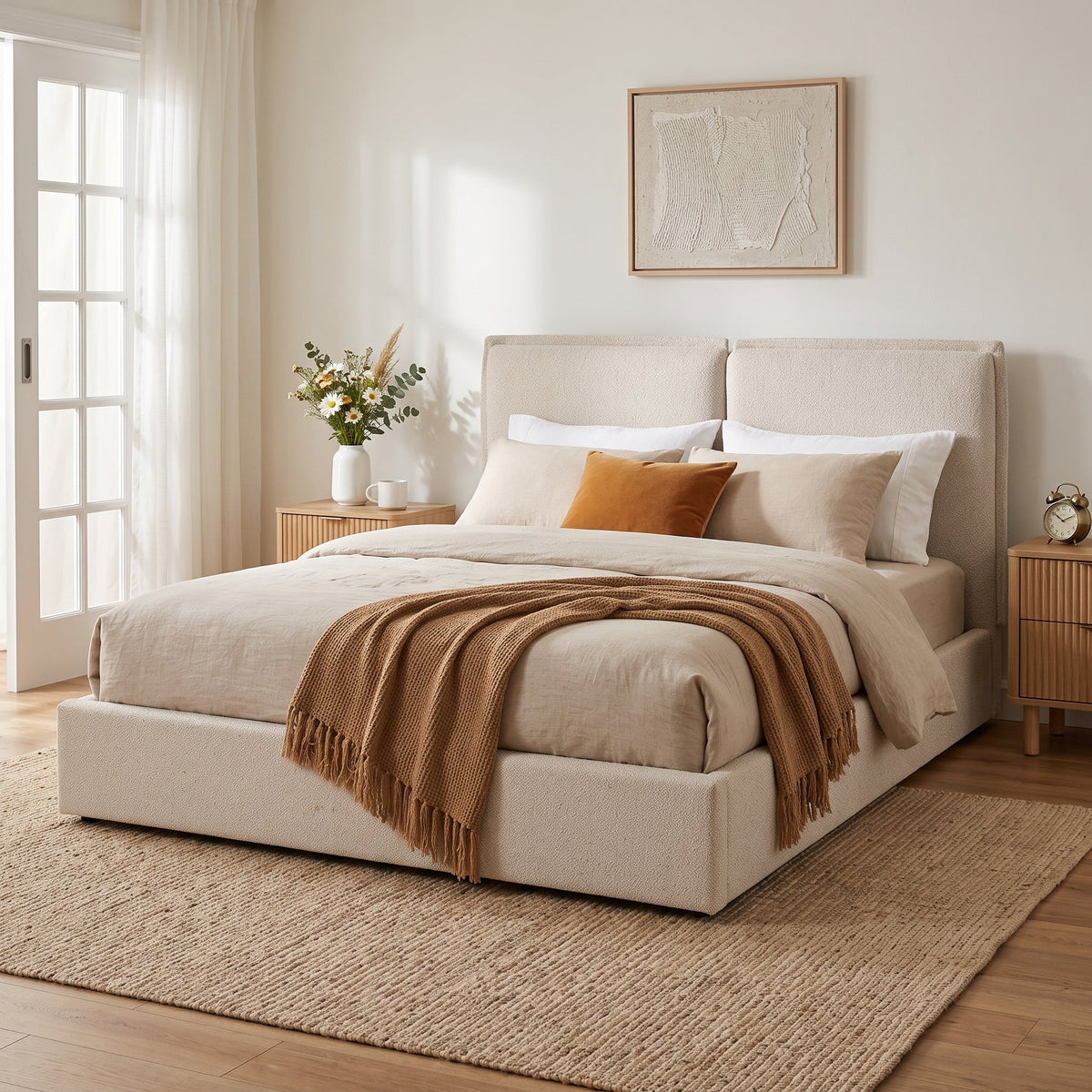 Double-Pillow Upholstered Bed with Skin-Friendly Fabric - Beige or Beige+Cream, photo 3 of 10