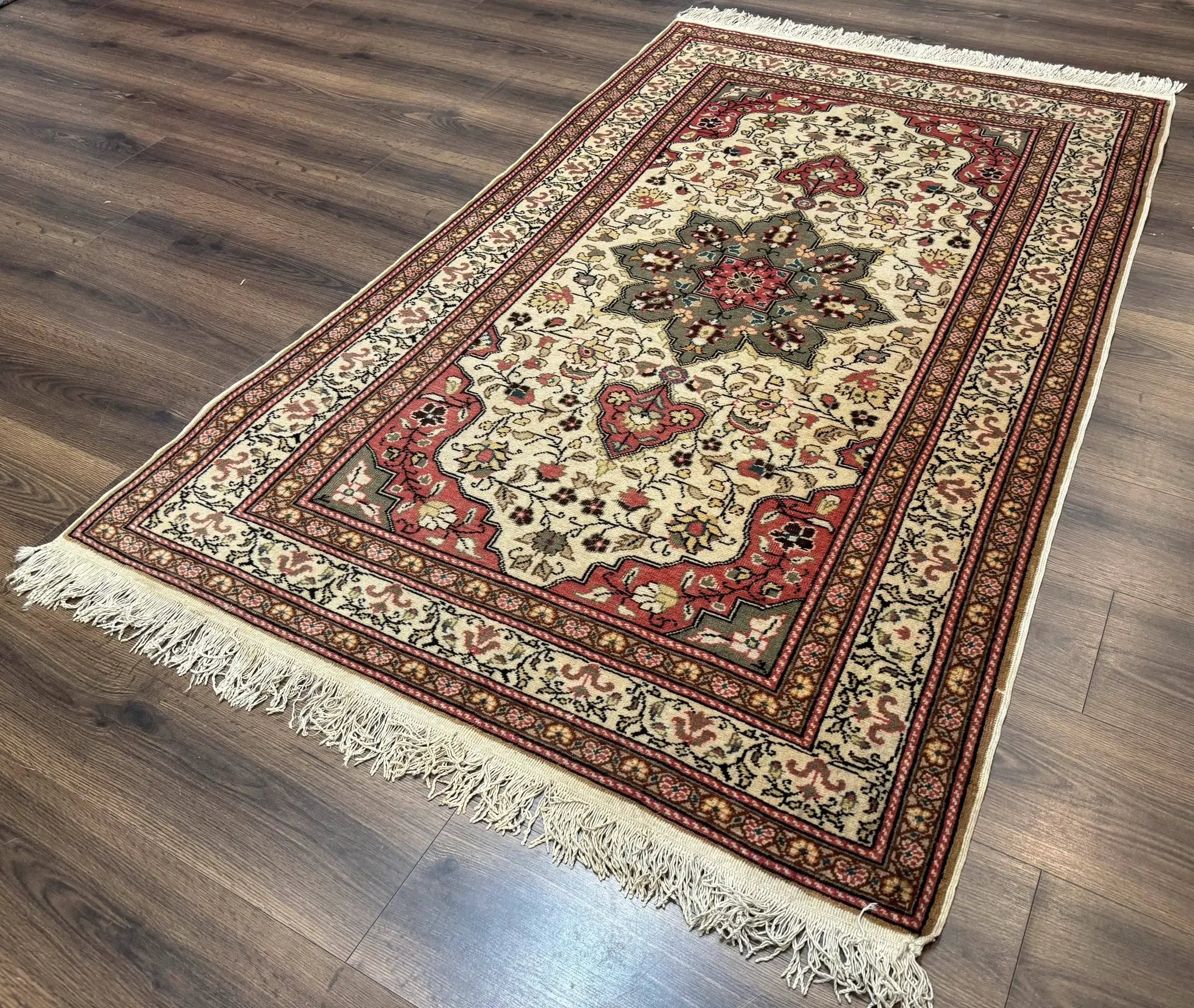 Turkish Sivas Rug 4x6, Floral Medallion, Beige Pink-Red Green, Handmade by Jewel Rugs