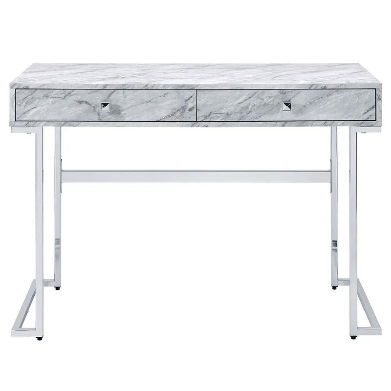 Tigress - Writing Desk - White Printed Faux Marble Top & Chrome by Unique Piece Furniture