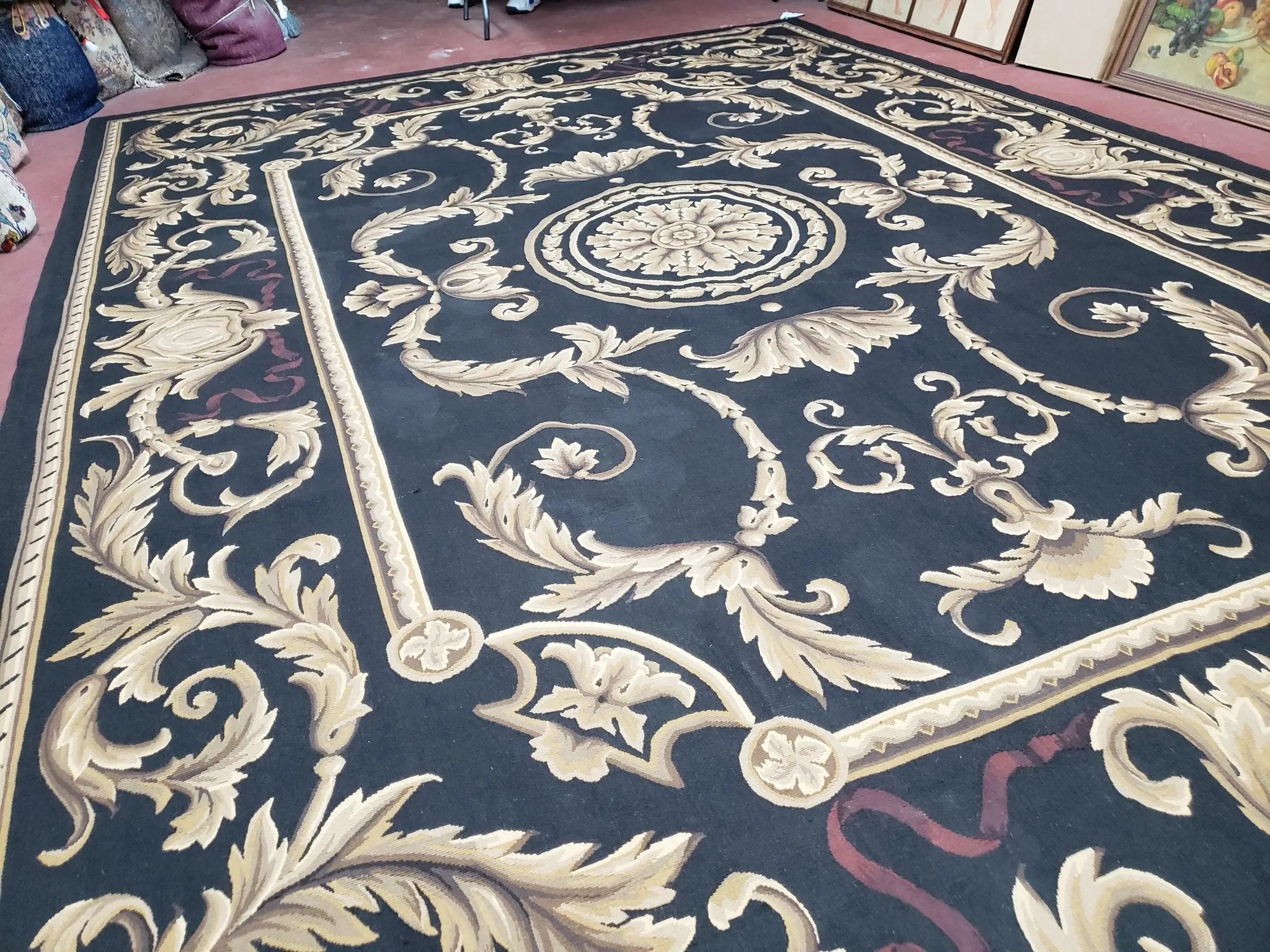 Black and Tan Aubusson Rug, 10 x 14 Aubusson Carpet, New Aubusson Rug, Elegant, Wool, Handmade Area Rug, Flatweave Rug, Large Aubusson Rug by Jewel Rugs