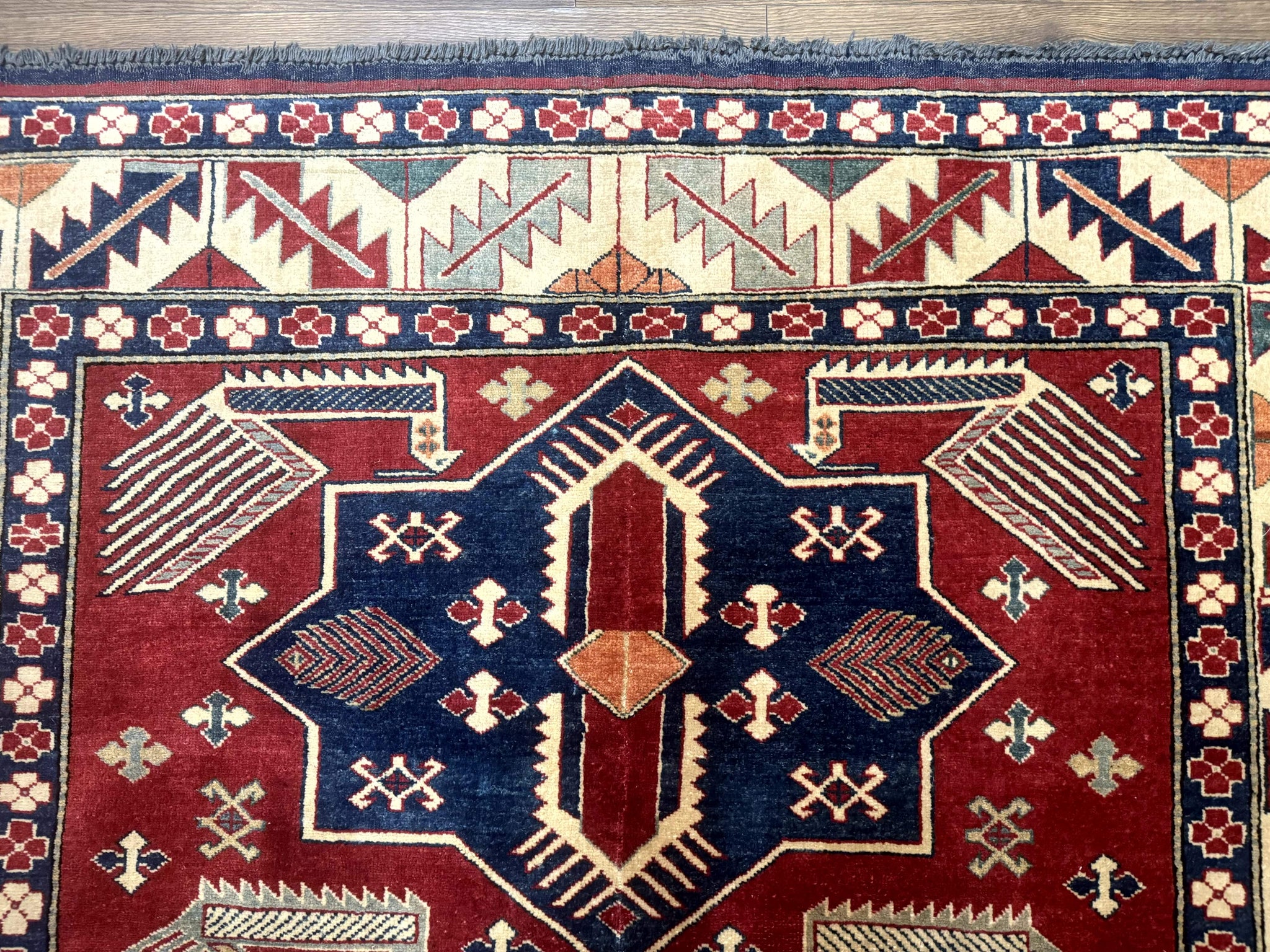 Turkish Kazak Rug 6x8, Caucasian Design, Geometric Medallions, Red Blue Beige by Jewel Rugs