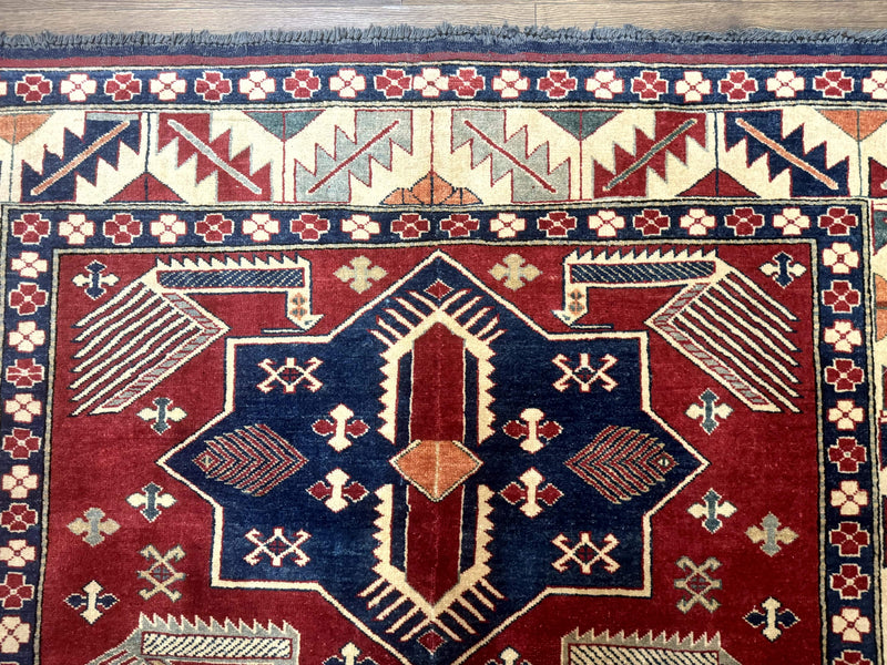 Turkish Kazak Rug 6x8, Caucasian Design, Geometric Medallions, Red Blue Beige by Jewel Rugs