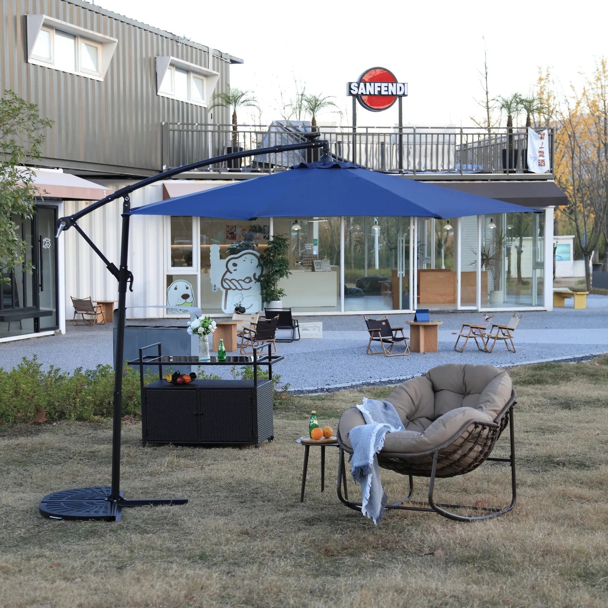 10ft Solar LED Offset Hanging Market Patio Umbrella - Navy Blue (No Base) by HouseOfZazla