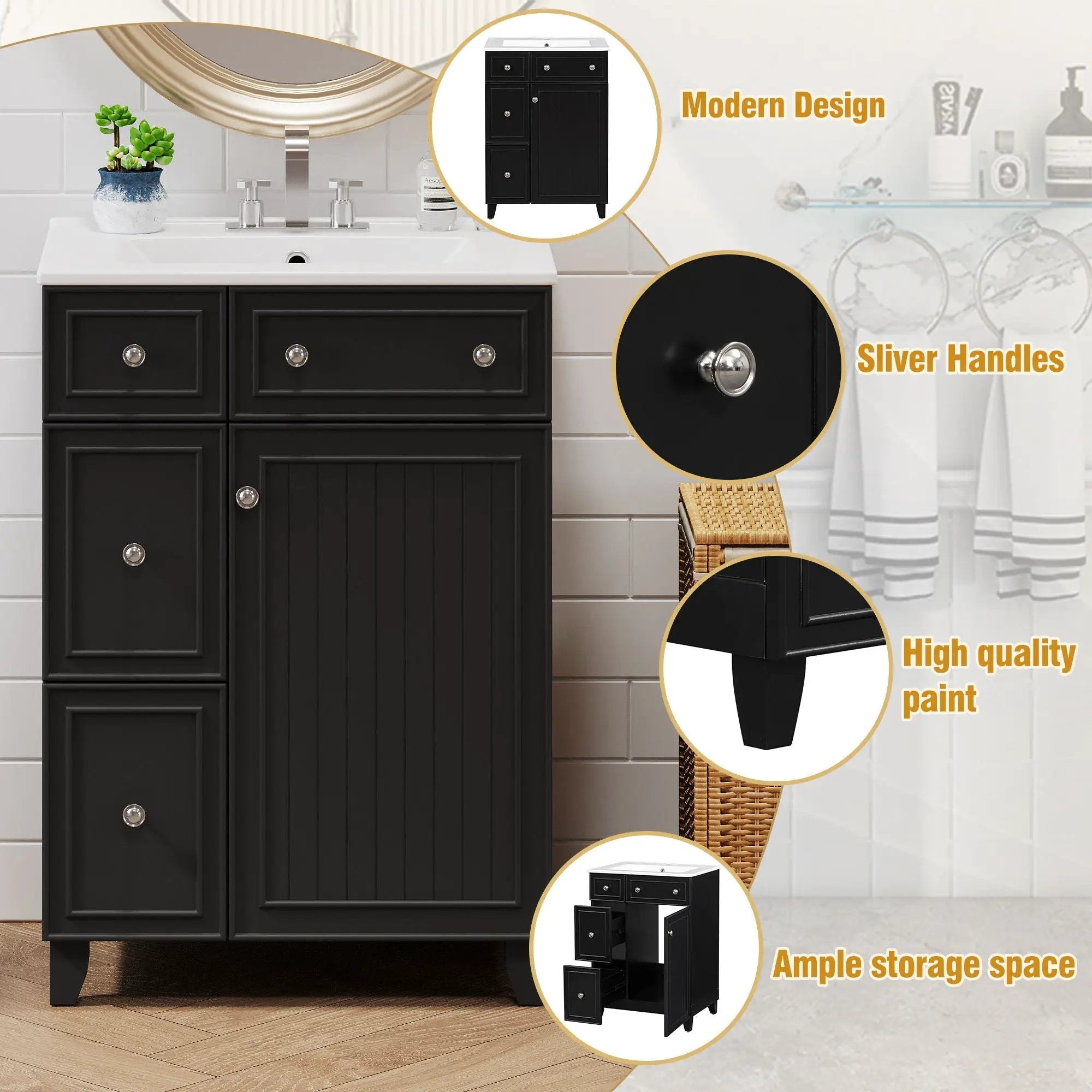 Transitional Style Bathroom Vanity Cabinet With Ceramic Sink by Unique Piece Furniture