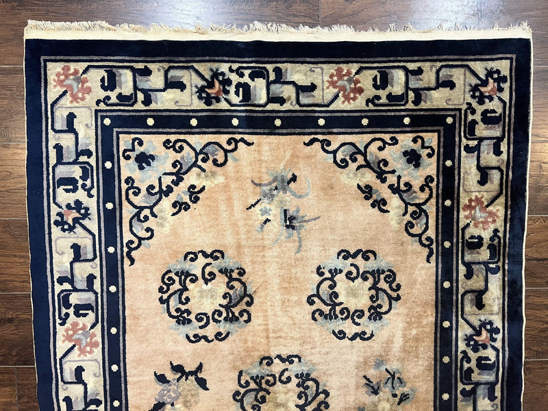 Chinese Peking Rug 4x6, Wool Hand Knotted Handmade Vintage Semi Antique Carpet, Semi Open Field, Light Peach & Navy Blue, Art Deco Rug by Jewel Rugs