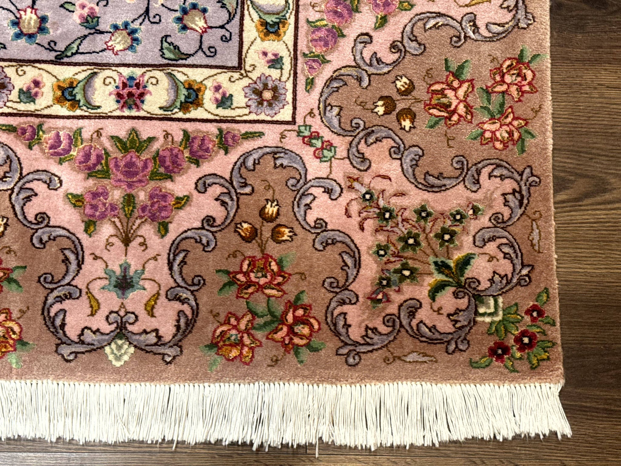 Wonderful Persian Tabriz Rug 7x10, Very Fine 330 KPSI, Light Green Light Blue Pink, Kork Wool Silk Foundation, Bird Pictorials by Jewel Rugs