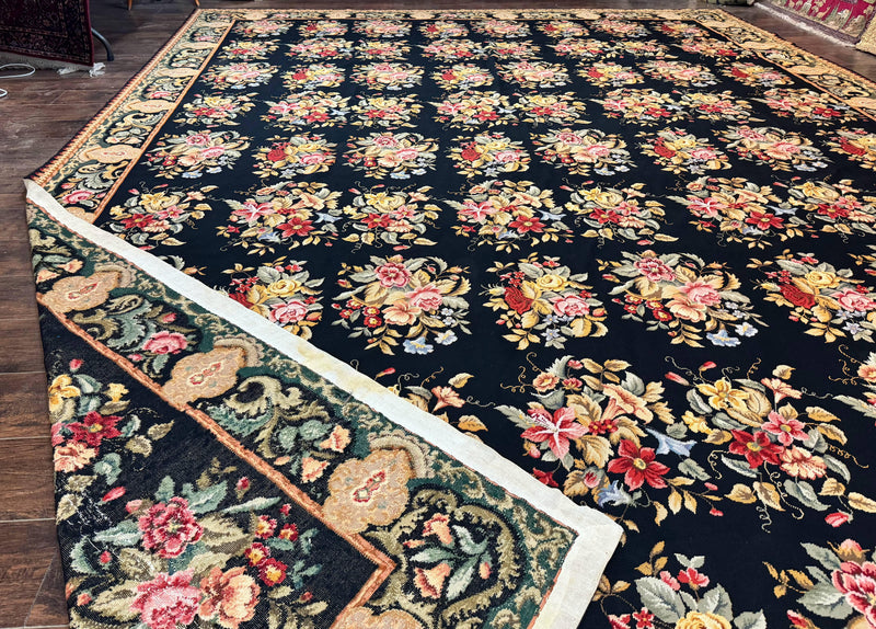 Palace Size Needlepoint Rug 12x16, Black and Colorful, Floral Panel, Handmade Oversized Wool Needlepoint Carpet, Rare by Jewel Rugs
