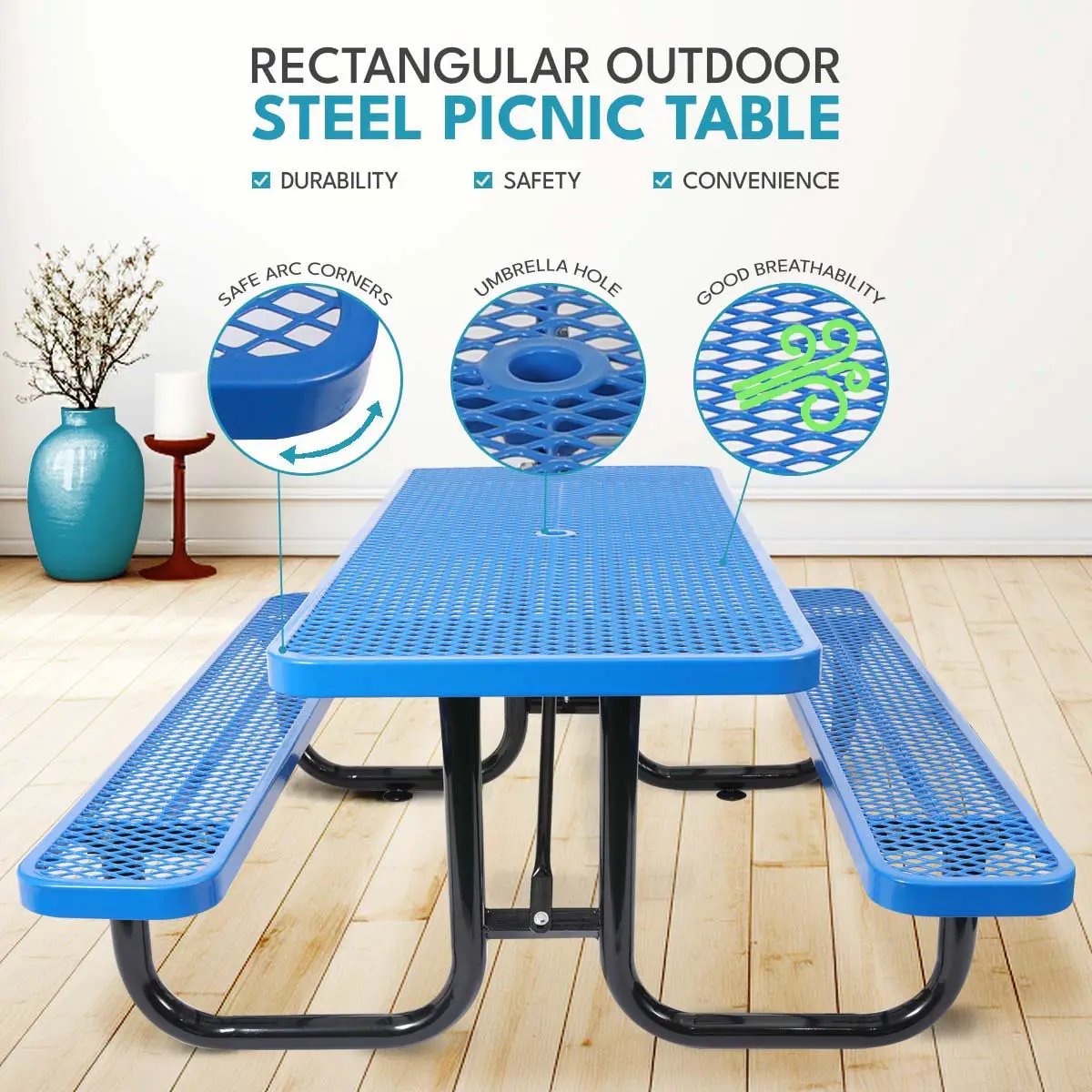 Outdoor Steel Picnic Rectangular Table With Umbrella Pole by Unique Piece Furniture
