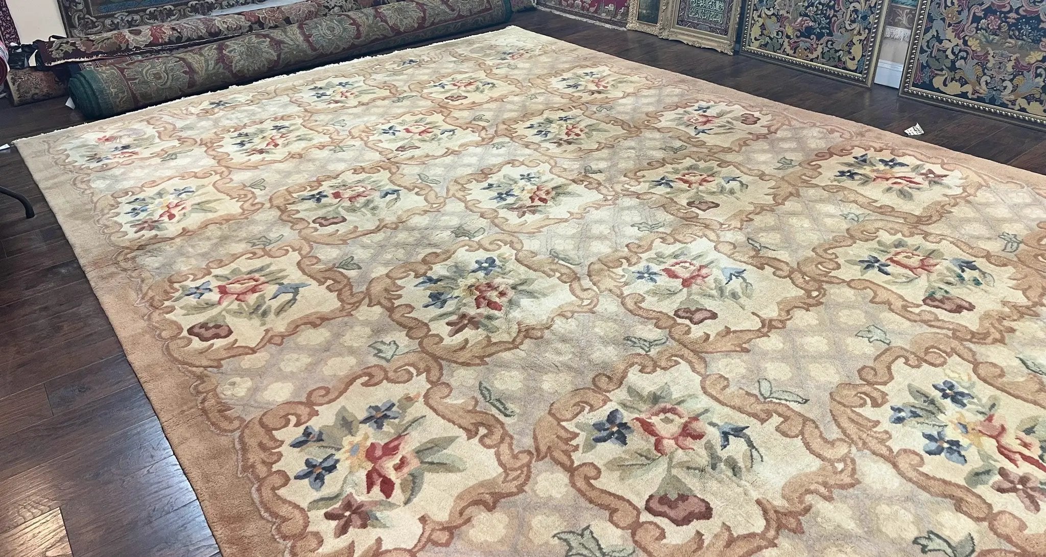 Indo Chinese Aubusson Wool Rug 11x16, Palace Sized Carpet, Oversized Handmade Vintage Rug, European Design by Jewel Rugs
