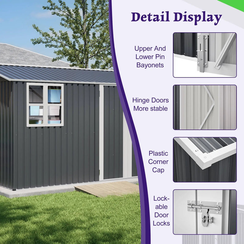 10X8FT Outdoor Steel Storage Shed with Clear Window, Lockable Doors by HouseOfZazla