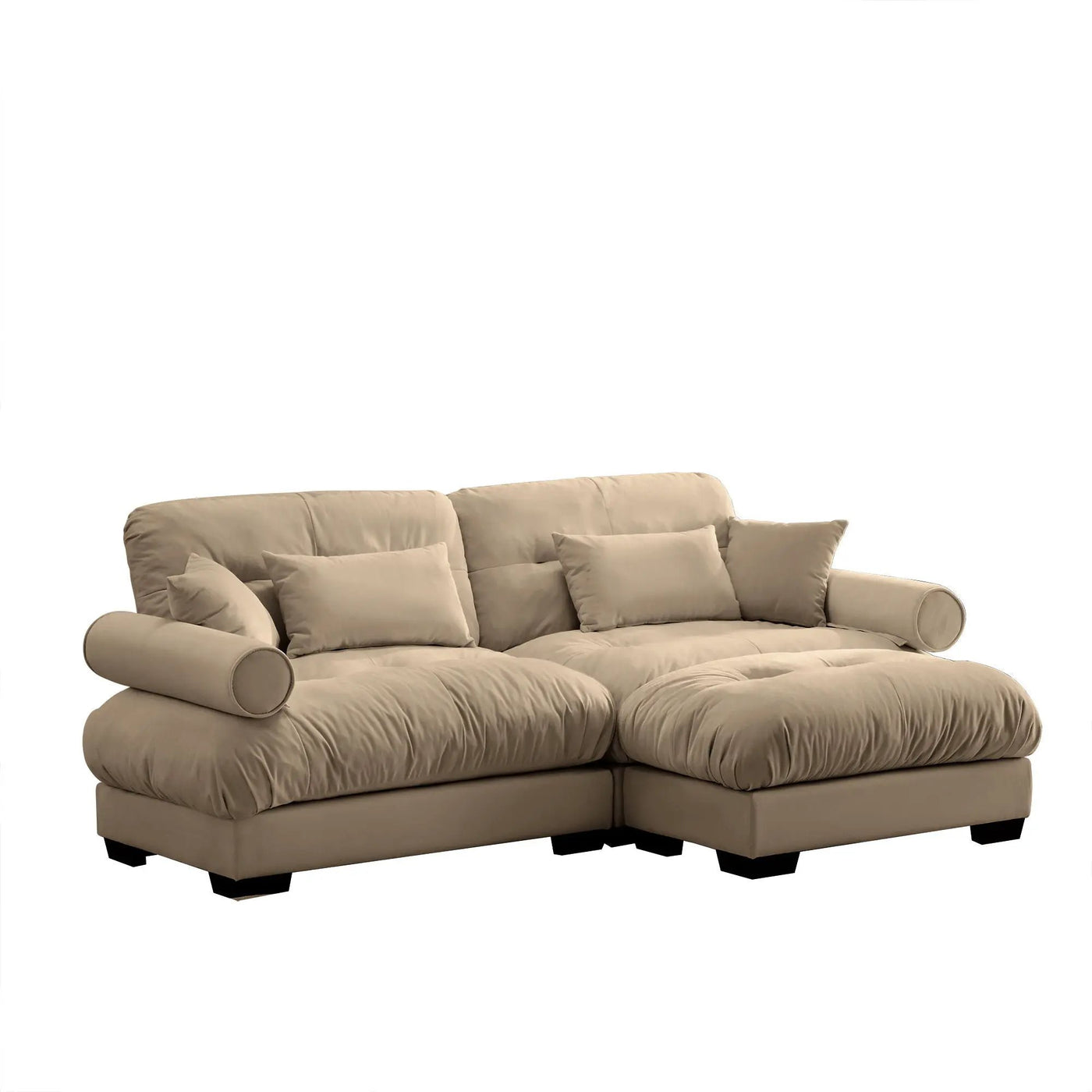 Modern Sectional Sofa With Ottoman, Round Bolster Armrests, Waist And Throw Pillows by HouseOfZazla