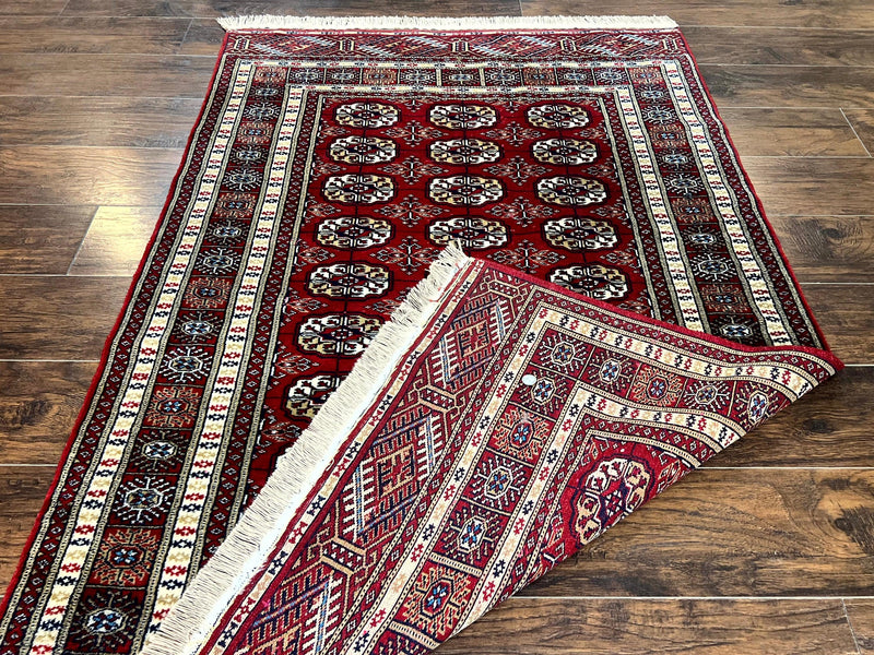 Pakistani Bokhara Rug 4x6, Red Turkoman Carpet, Finely Hand Knotted, Wool Vintage Rug by Jewel Rugs