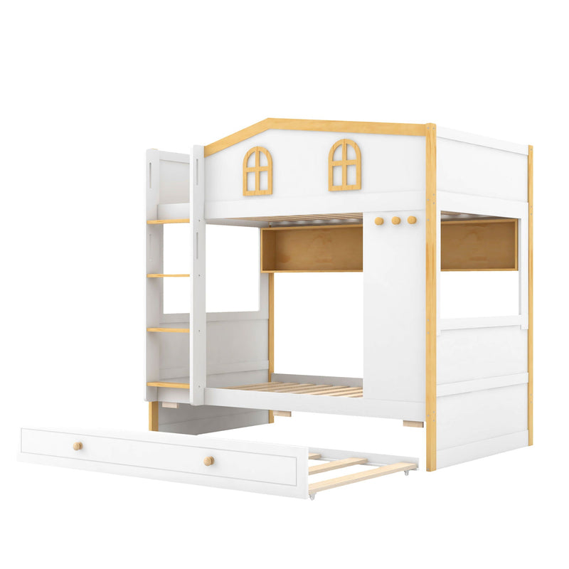 Bunk Bed With House Shaped Guardrails, Storage Shelves, And Trundle by HouseOfZazla