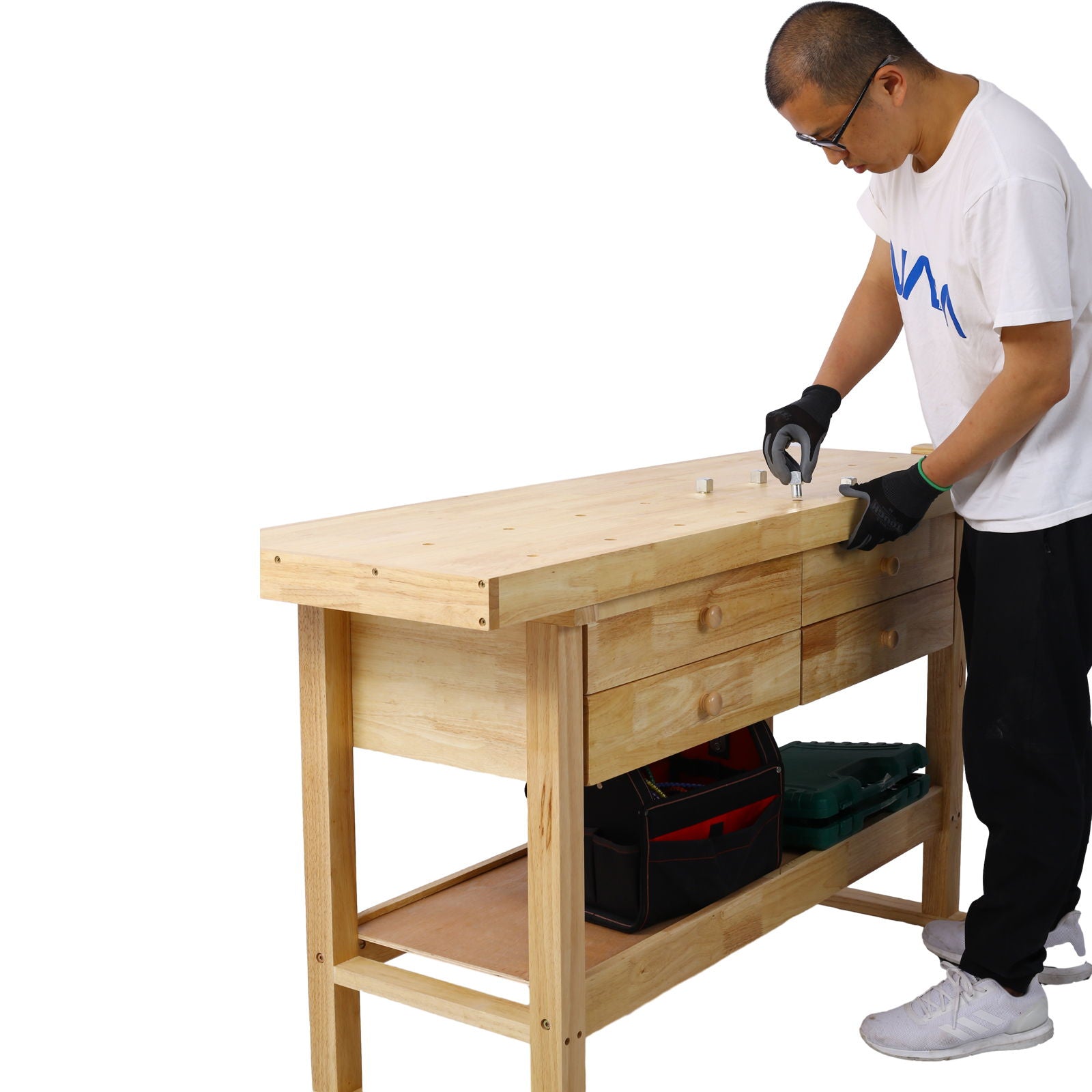 Workbench With 4 Drawers Wooden Workbench For Garage Workshop And Home - Natural by HouseOfZazla