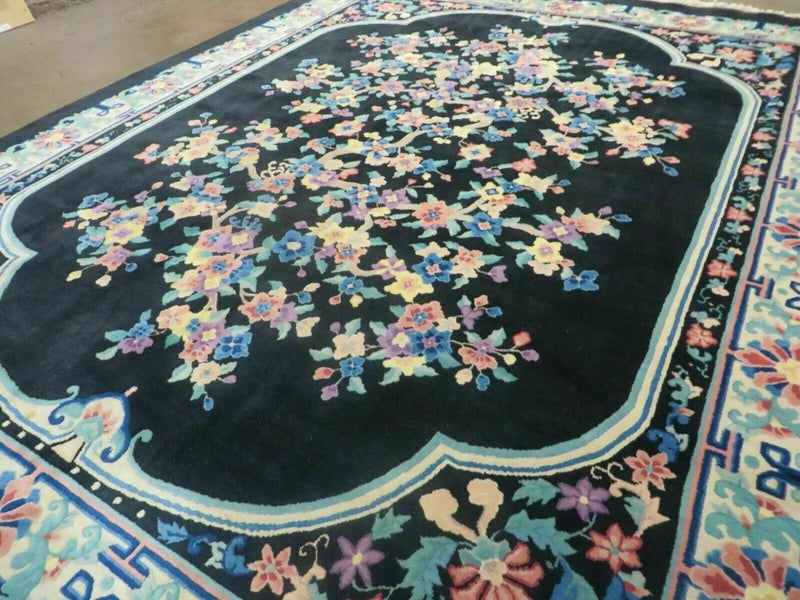 Black Chinese Wool Rug 8x10, Art Deco Floral Carpet, Soft Plush Pile by Jewel Rugs