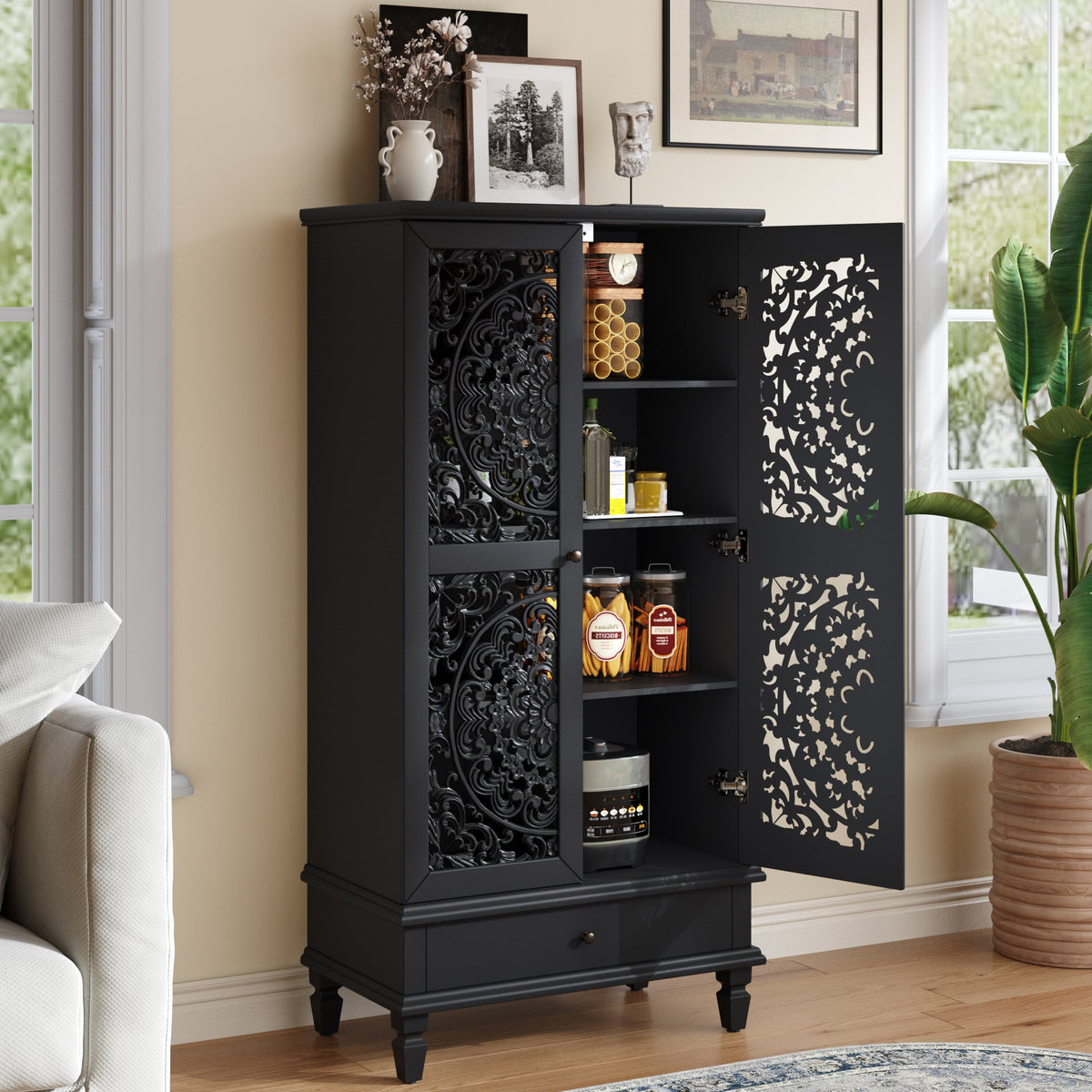 Rustic 55'' Tall Storage Cabinet with Drawer, Decorative 2-Door Carved Wood Accent Cabinet with Solid Wood Legs for Living Room, Hallway, Dining Room, photo 7 of 10