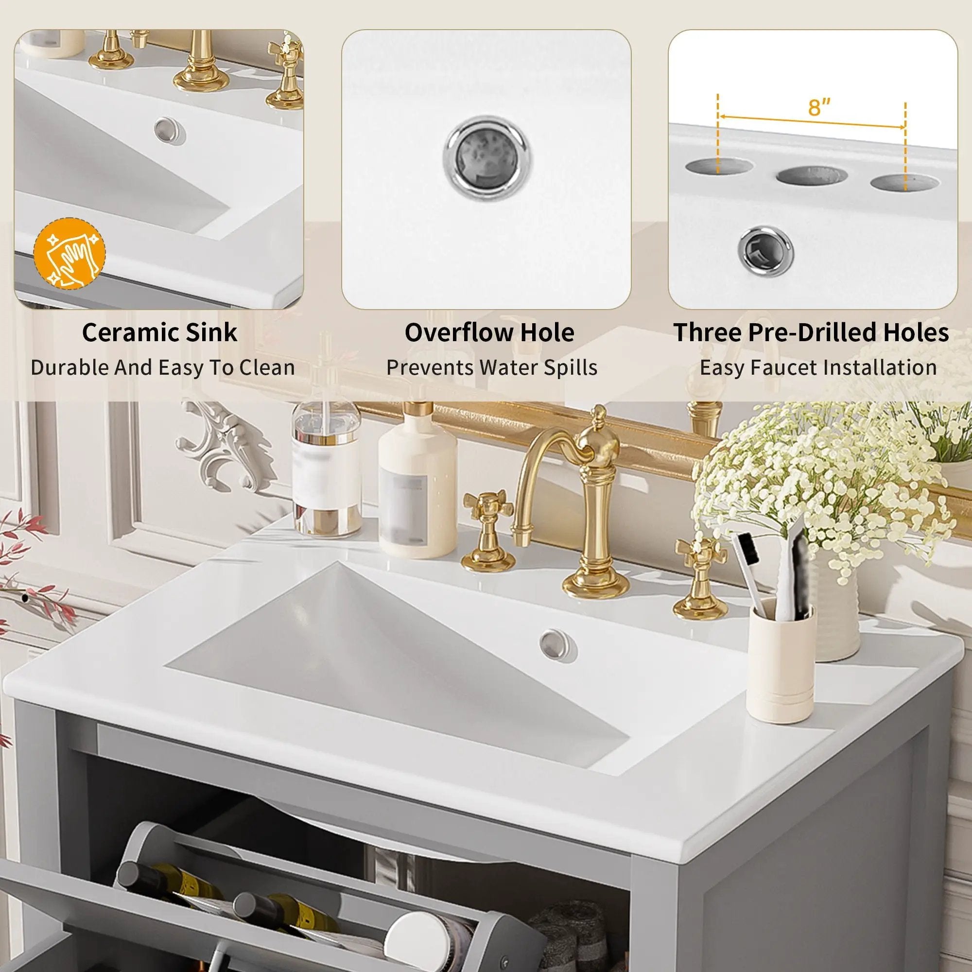 Bathroom Vanity With Ceramic Sink, Soft Close Doors, Flip Drawer, Double Layer Door Shelves by HouseOfZazla