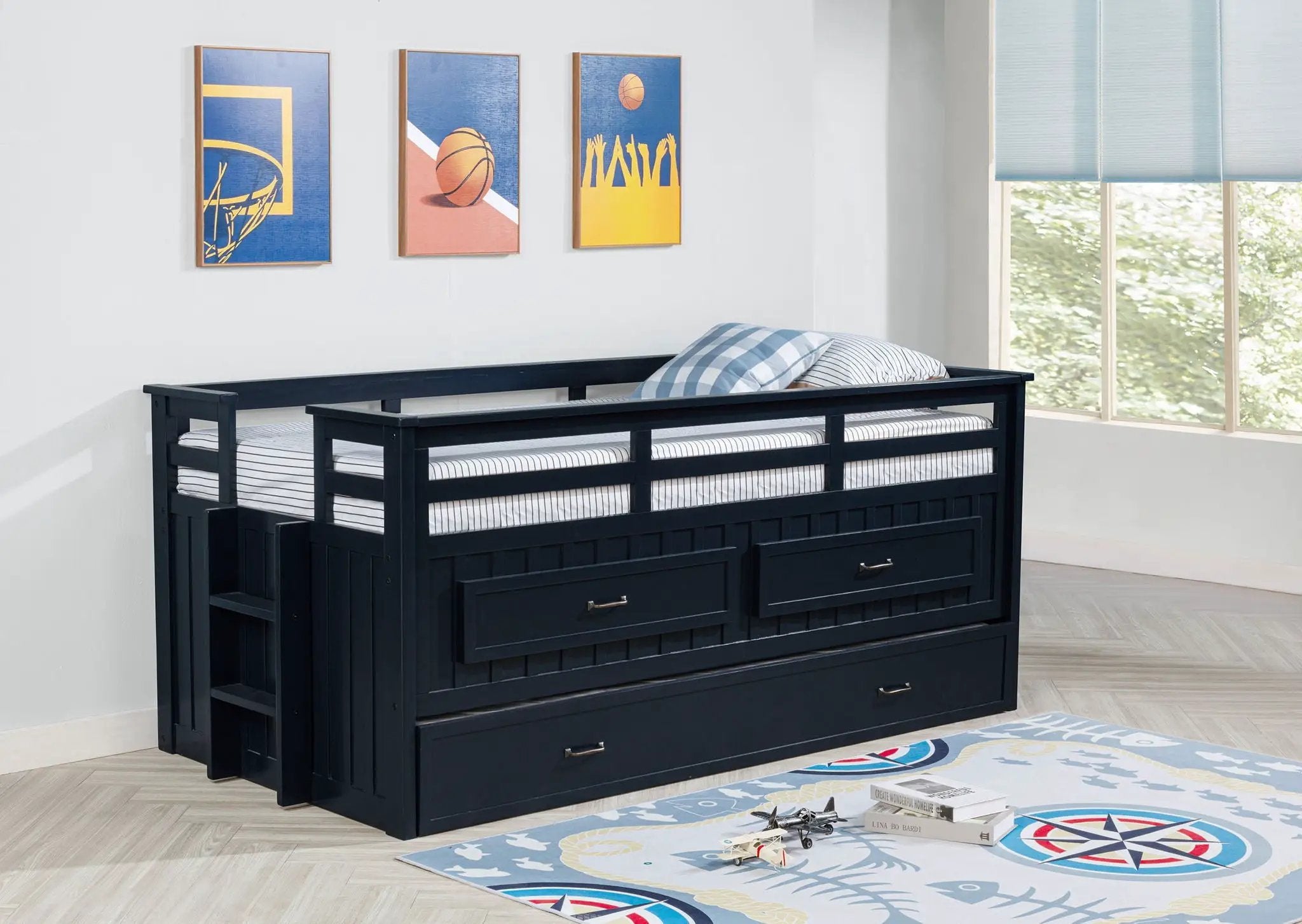 Carlsbad Wood Twin Captains Bed With Trundle Navy Blue by Unique Piece Furniture