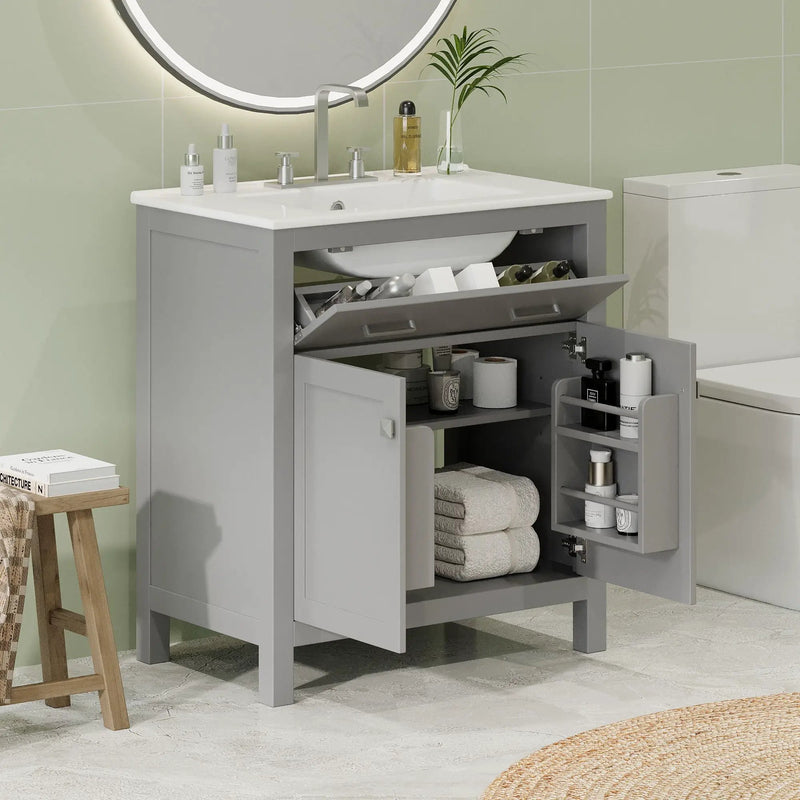 Bathroom Vanity With Ceramic Sink, Modern Single Bathroom Cabinet With 2 Doors And A Shelf, Soft Close Doors by HouseOfZazla