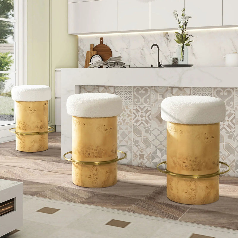 Nebula - Backless Round Upholstered Counter Stool With Burl - Ivory White by HouseOfZazla