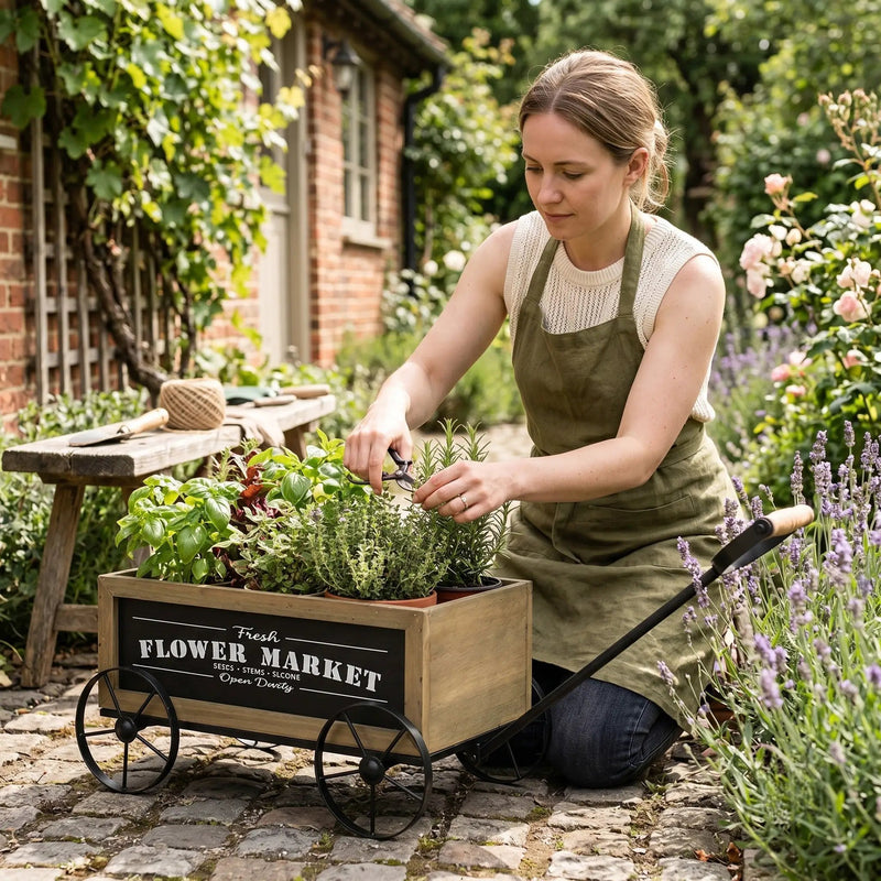 16.5x9.5x8" Rustic Wooden Wagon Planter with Flower Market Sign by HouseOfZazla