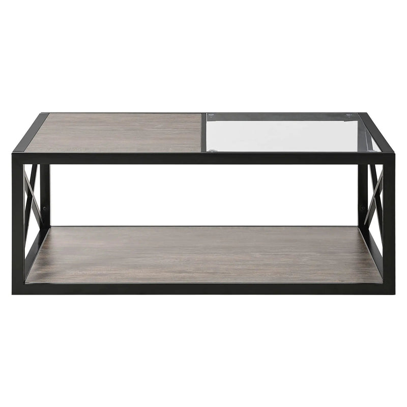 Industrial Style Coffee Table For Bedroom & Living Room With Tempered Glass & Wood Grain - Wood by Unique Piece Furniture