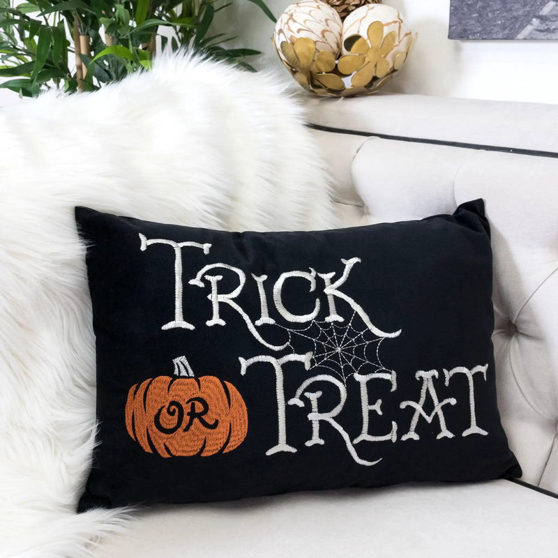 Halloween Lumbar Pillow – Embroidered ‘Trick or Treat’ Black Cushion with Insert by HouseOfZazla