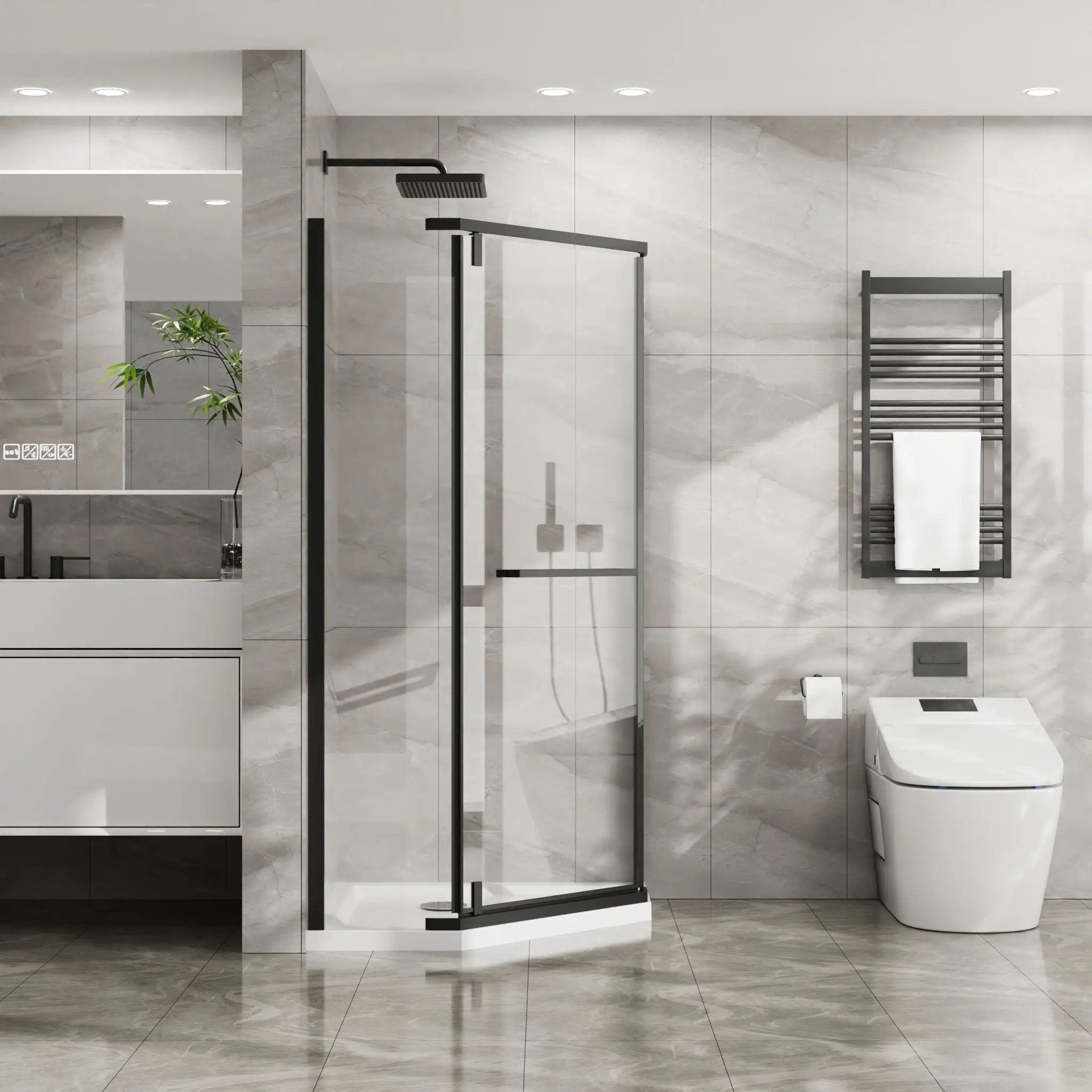 Neo Angle - Frameless Shower Door With White Acrylic Shower Base Combo - Matte Black by HouseOfZazla