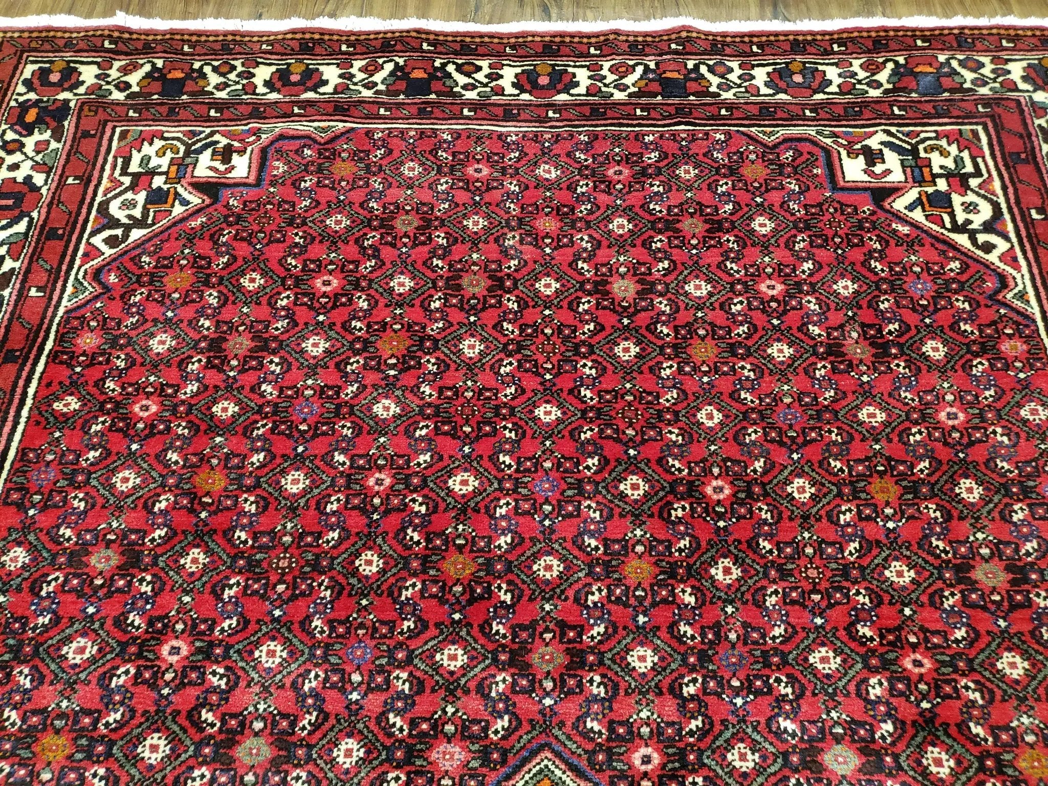 Vintage Persian Hamedan Rug 7x10, Angelas Mahi Pattern, Red, Wool, Hand-Knotted by Jewel Rugs