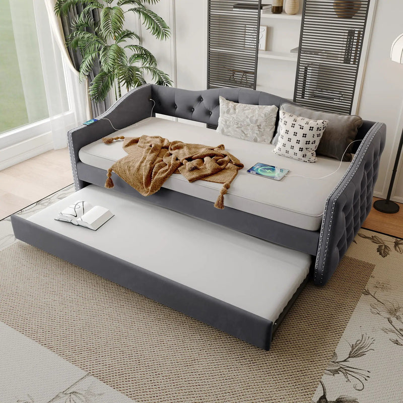 Twin Size Upholstered Daybed With Trundle And USB Charging Design For Bedroom - Gray by Unique Piece Furniture