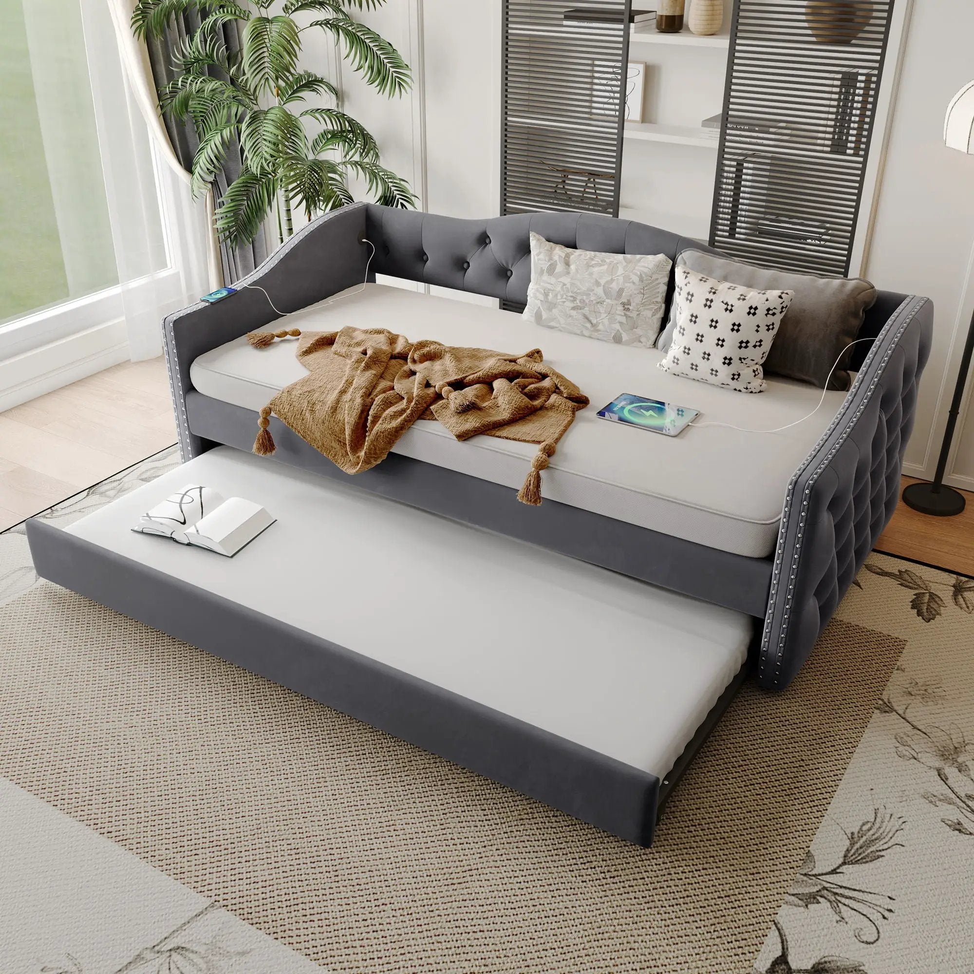 Twin Size Upholstered Daybed With Trundle And USB Charging Design For Bedroom - Gray by HouseOfZazla
