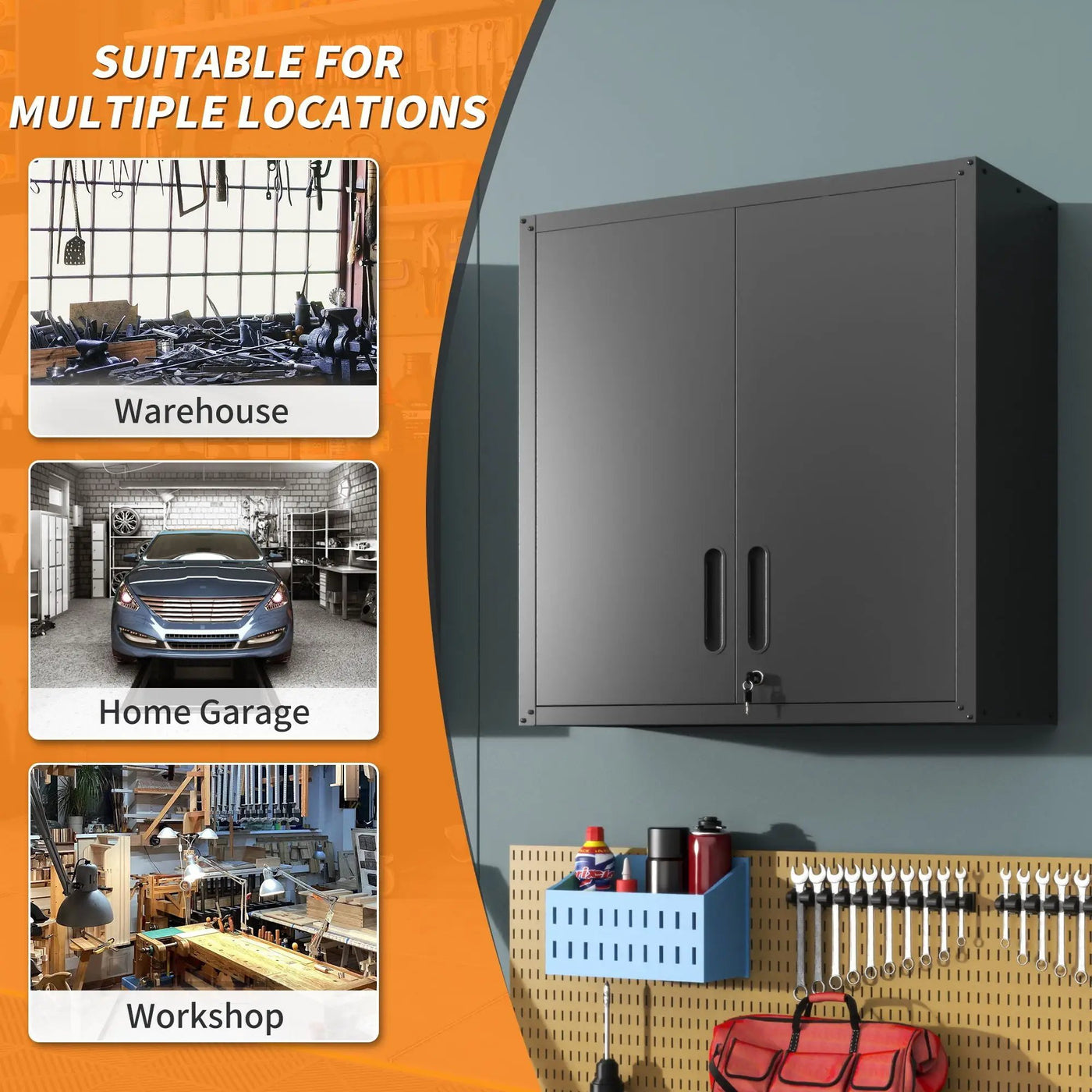 Metal Wall Mounted Tool Storage Cabinet With 2 Locking Doors, Adjustable Shelf, And Drawer by HouseOfZazla