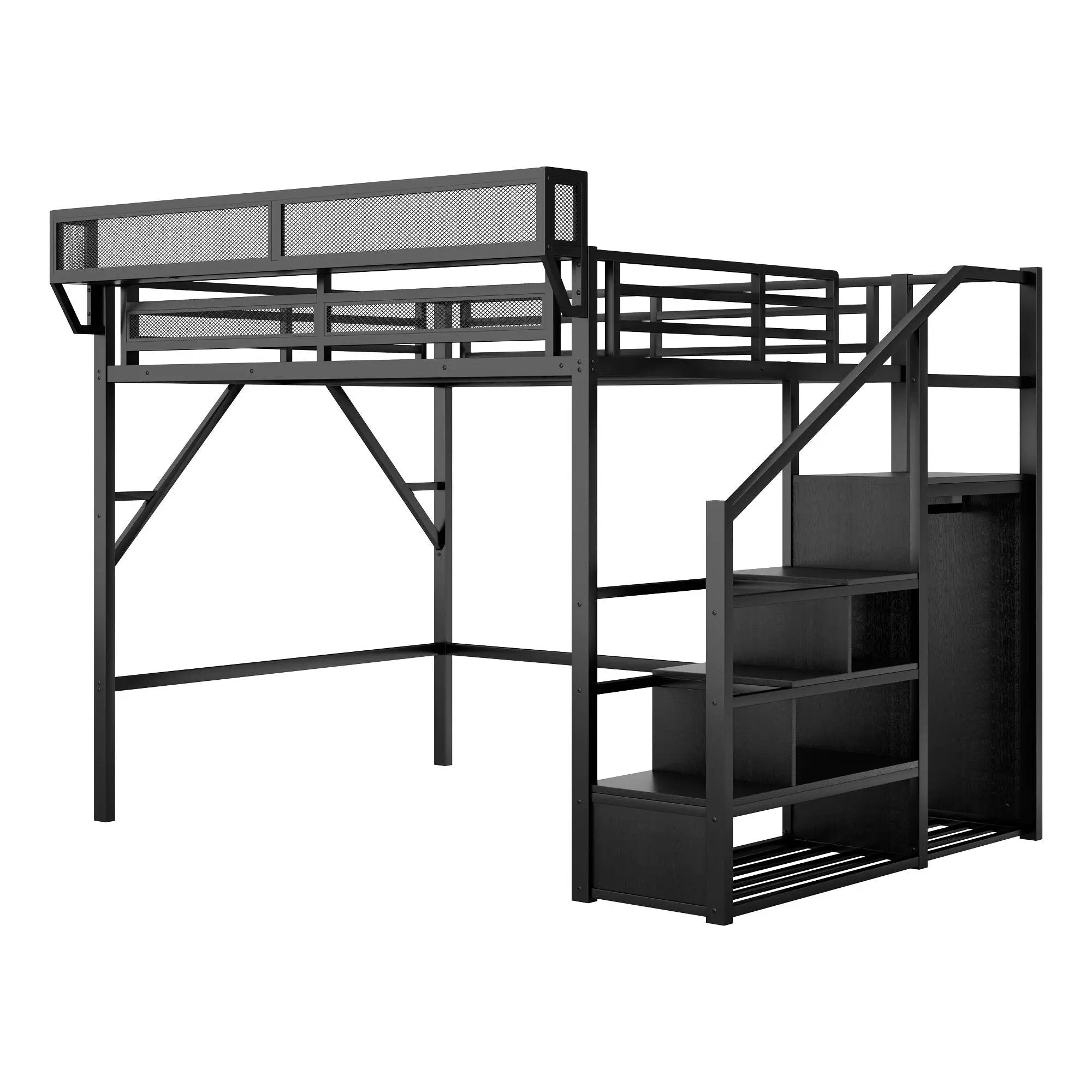 Queen Size Loft Bed With Stairs, Storage Shelves, Wardrobe - Black by HouseOfZazla
