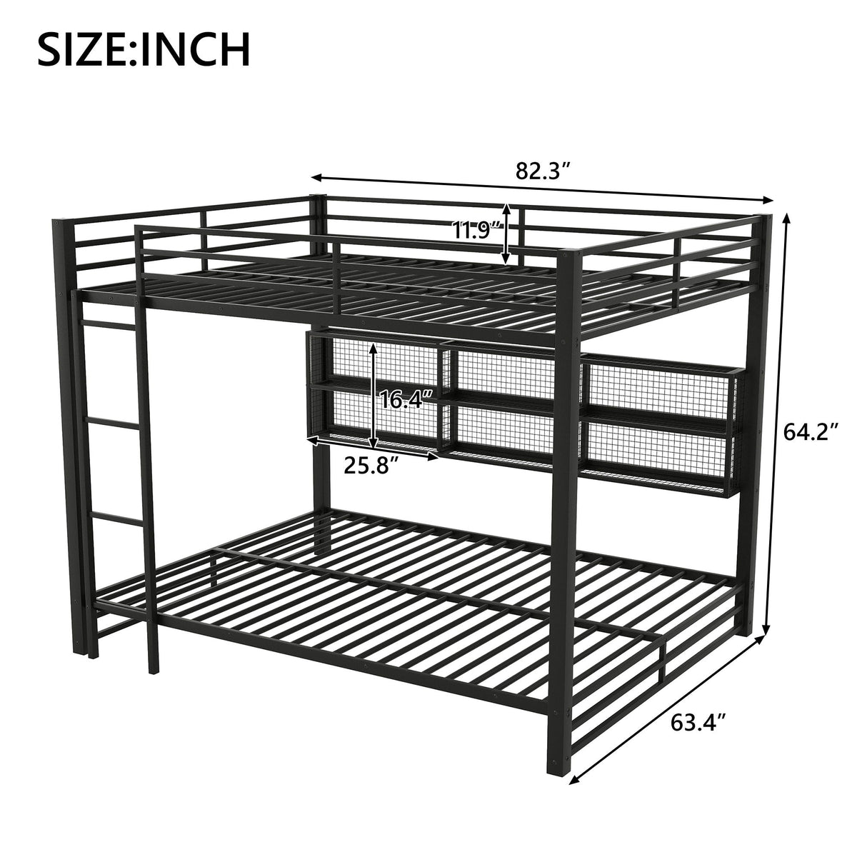 Queen Over Queen Bunk Bed with Storage Cabinets and LED - Black, photo 8 of 12
