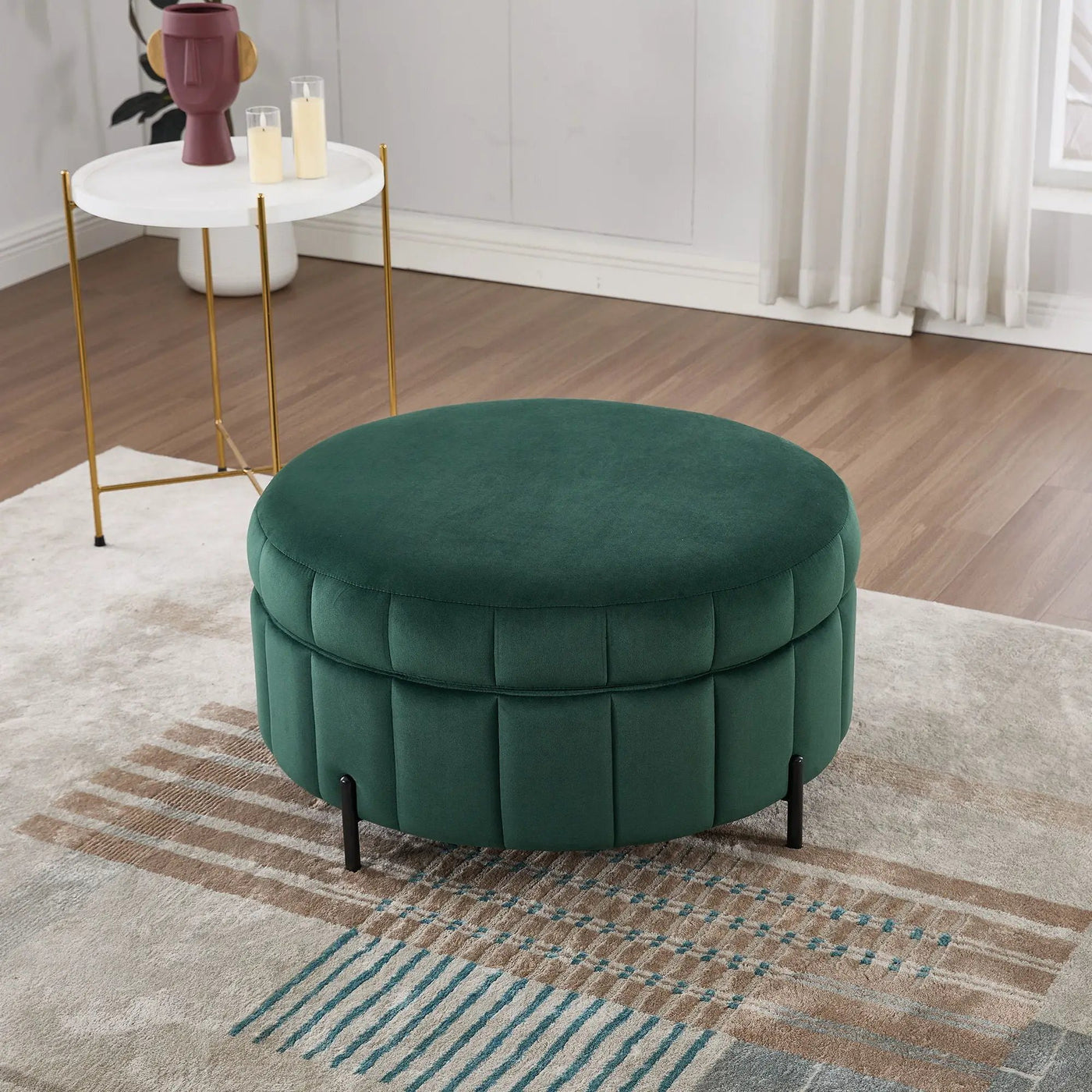 Upholstered Round Ottoman With Reversible Lid, Channel Tufted Pumpkin Shape by HouseOfZazla