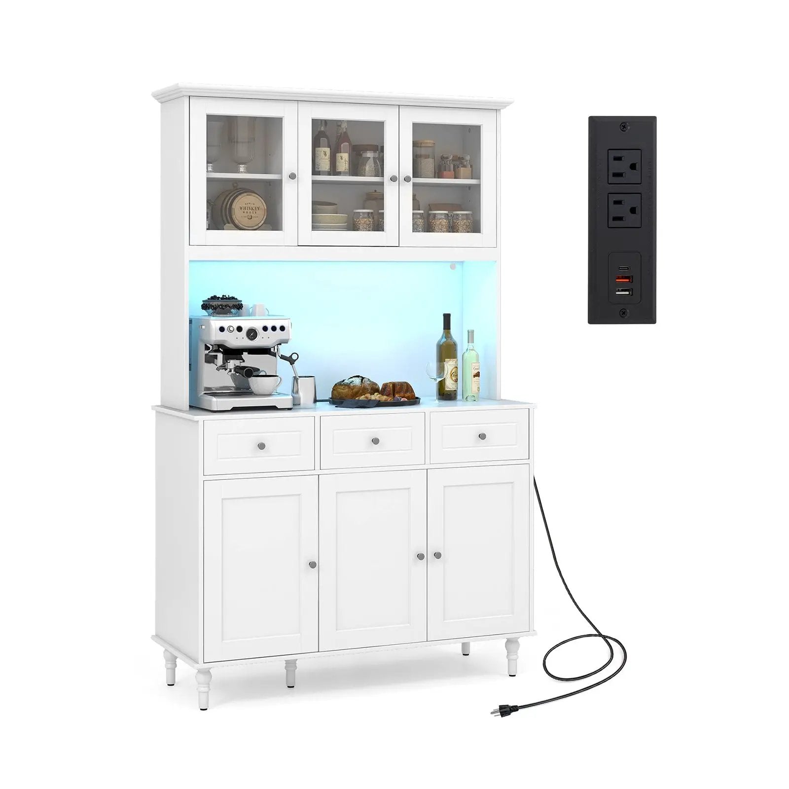 77 Inches Kitchen Pantry Storage Cabinet with LED Lights and Power Outlets-White by DirectDeals