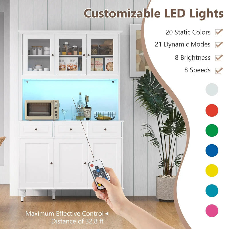 77 Inches Kitchen Pantry Storage Cabinet with LED Lights and Power Outlets-White by DirectDeals