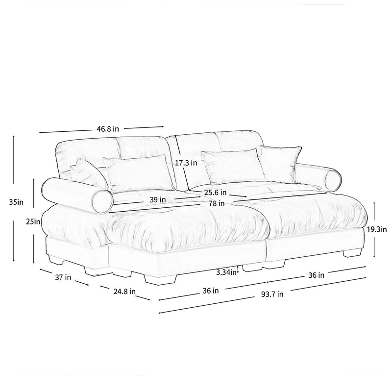 Modern Sectional Sofa With Ottoman, Round Bolster Armrests, Waist And Throw Pillows by Unique Piece Furniture