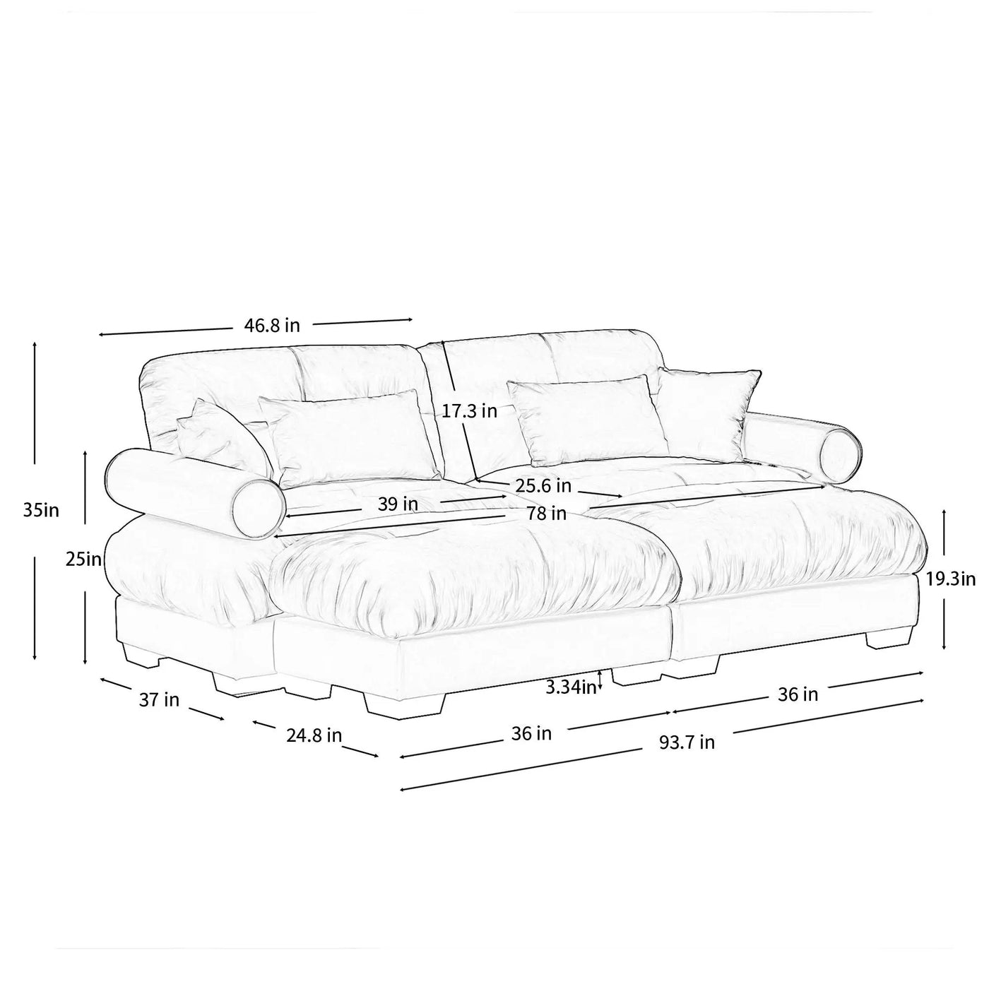 Modern Sectional Sofa With Ottoman, Round Bolster Armrests, Waist And Throw Pillows by HouseOfZazla