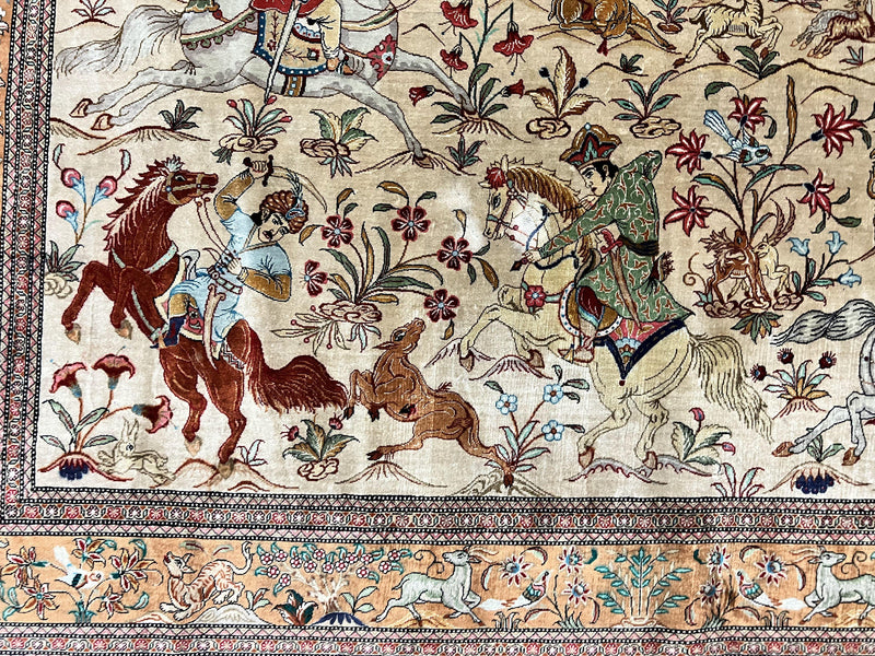 Silk Persian Qum Rug 3x5, Hunting Pattern, Handmade Vintage Carpet, Signed by Master Weaver, Horsemen Pictorials, Super Fine 650 KPSI by Jewel Rugs