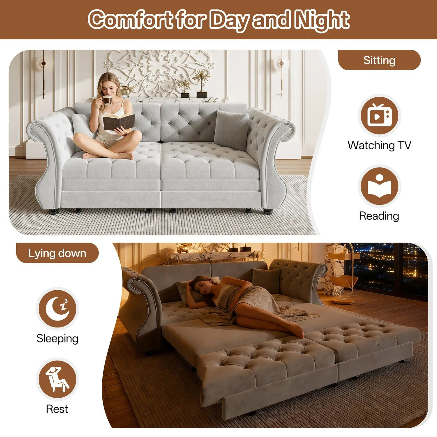 Oversized Chesterfield Pull Out Sofa Bed, Roll Arm Couch With Flower Tufting For Living Room by HouseOfZazla