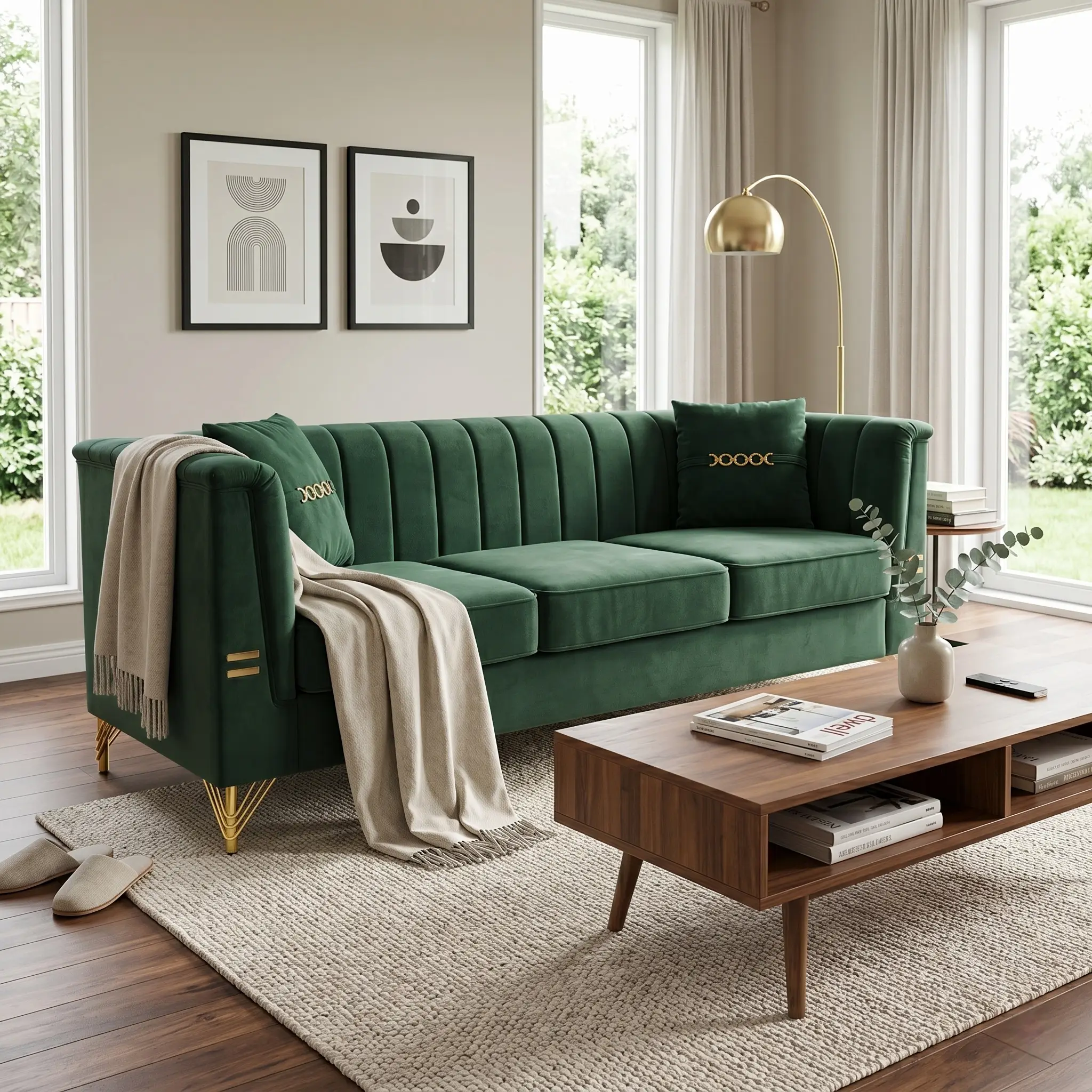 FX-P82-GR3 82.67" Modern Velvet 3-Seater Chesterfield Sofa with 2 Pillows by HouseOfZazla