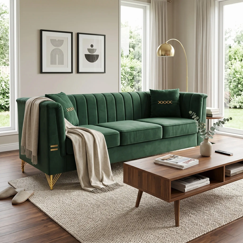 FX-P82-GR3 82.67" Modern Velvet 3-Seater Chesterfield Sofa with 2 Pillows by HouseOfZazla