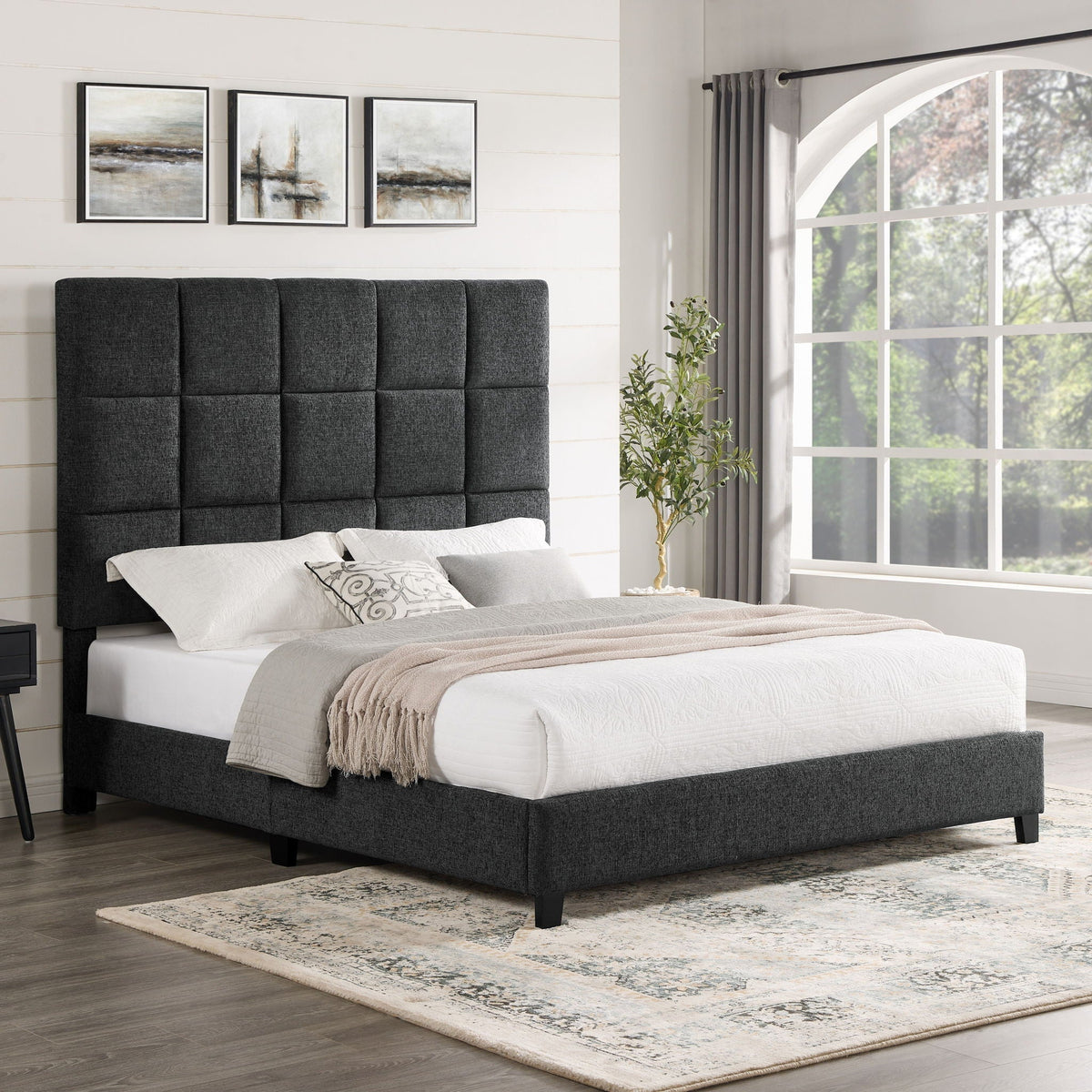 Squares Upholstered Headboard Platform Bed with Support Slats - Dark Gray, photo 4 of 4