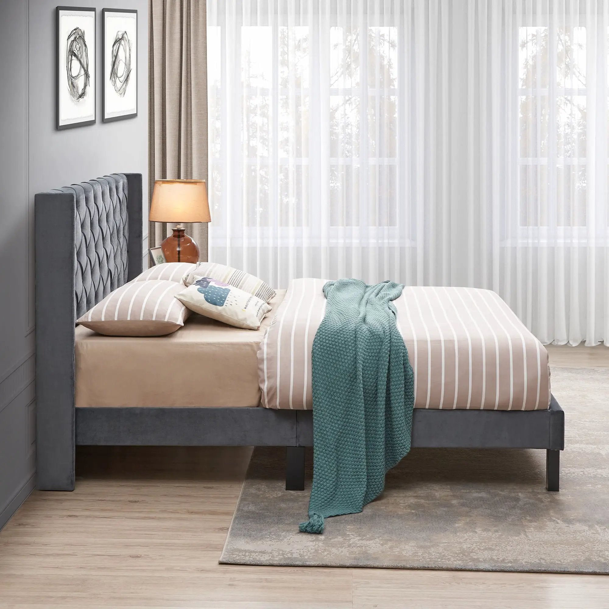 Velvet Button Tufted-Upholstered Bed With Wings Design Strong Wood Slat Support Queen Platform Bed - Gray by Unique Piece Furniture