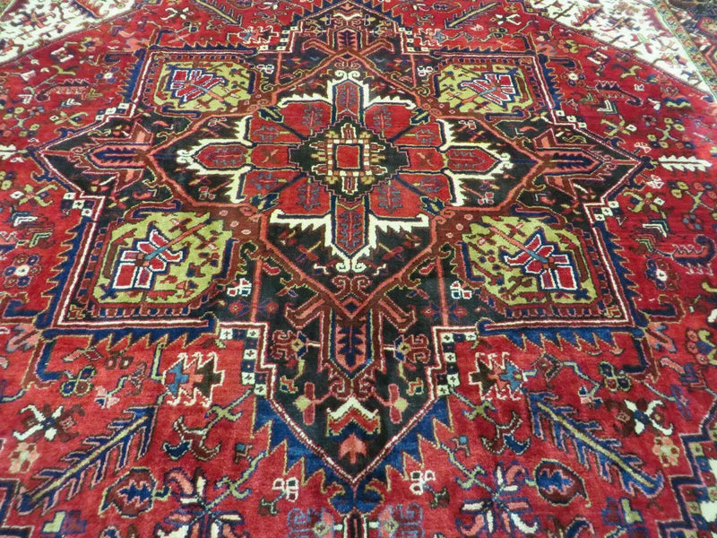 Wonderful Persian Heriz Rug 8.6 x 11, Geometric Heriz Carpet, Semi Antique Decorative Area Rug, Red Ivory Dark Blue Handmade Wool Room Sized by Jewel Rugs