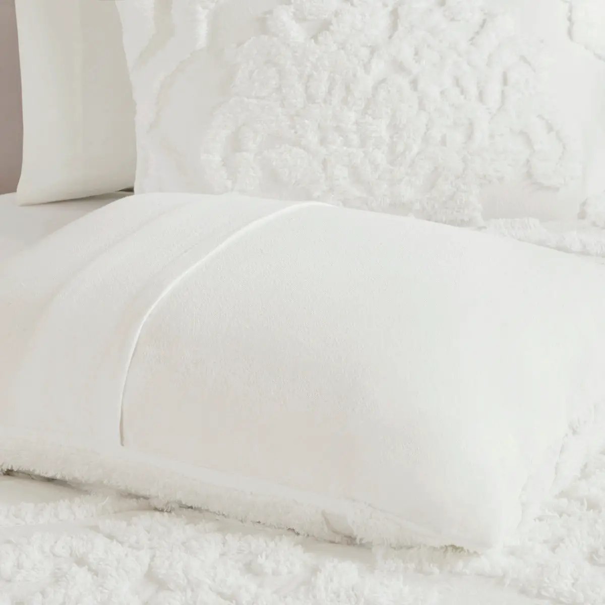 3 Piece Tufted Cotton Chenille Damask Comforter Set Off-White King/Cal King by HouseOfZazla