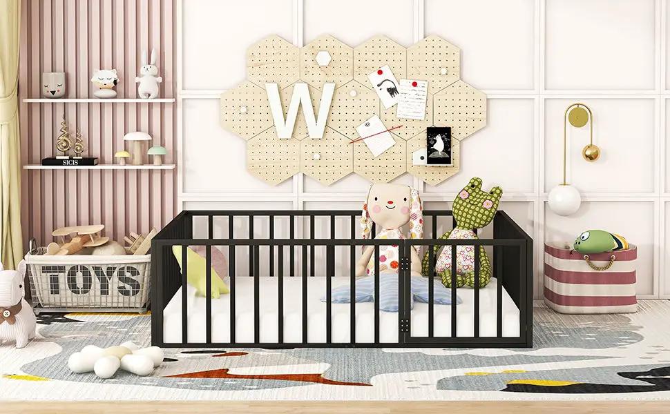 Metal Floor Bed Frame With Fence And Door by HouseOfZazla
