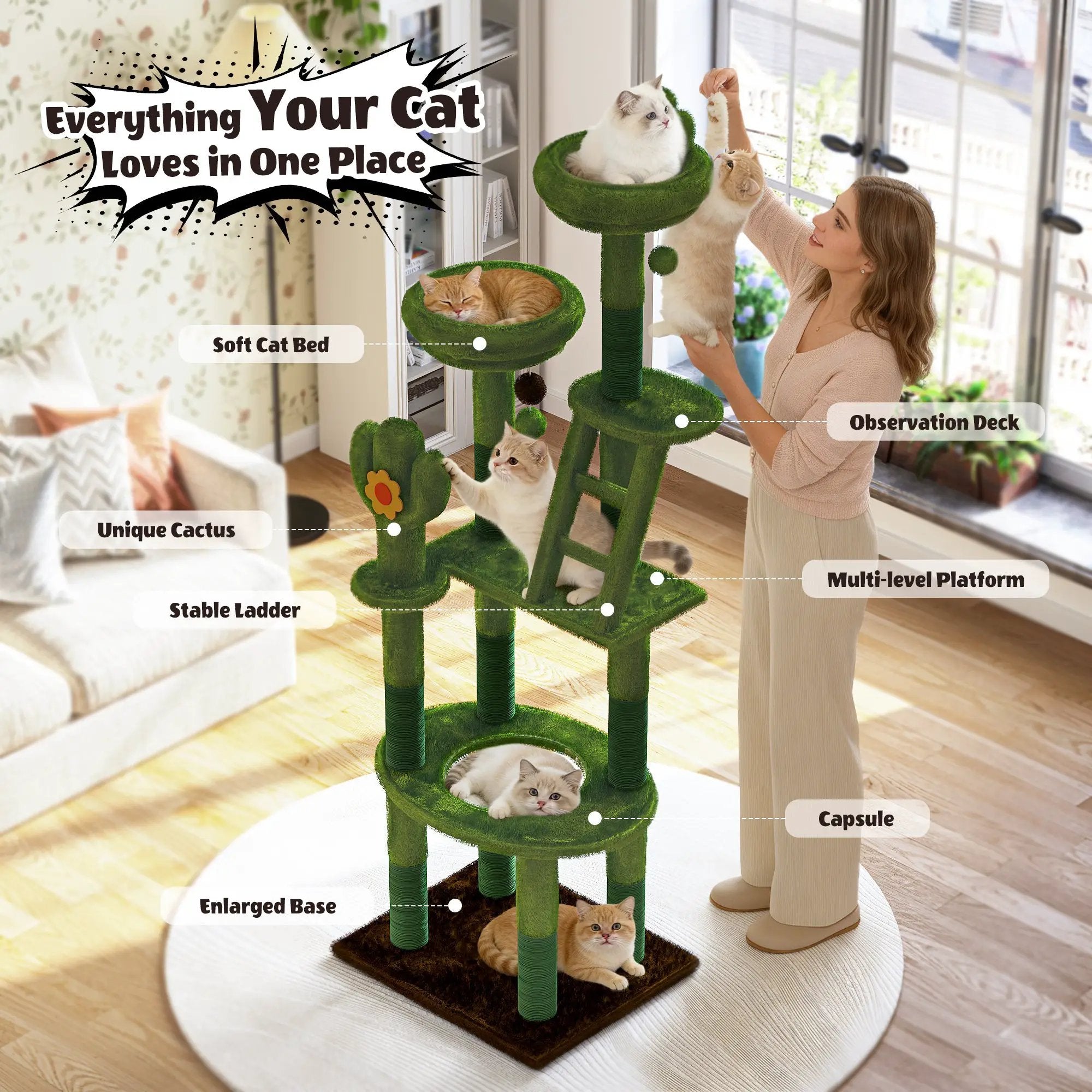 72in Cactus Cat Tree Tall Cat Tower for Indoor Cats by HouseOfZazla