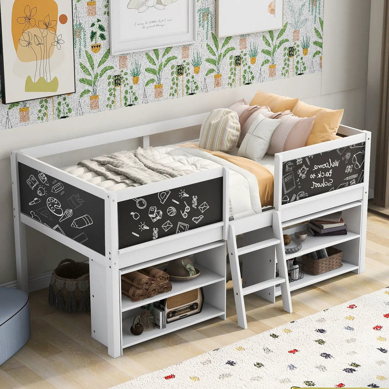 Low Loft Bed With Movable Shelves And Ladder, Decorative Chalkboard Guardrail by Unique Piece Furniture